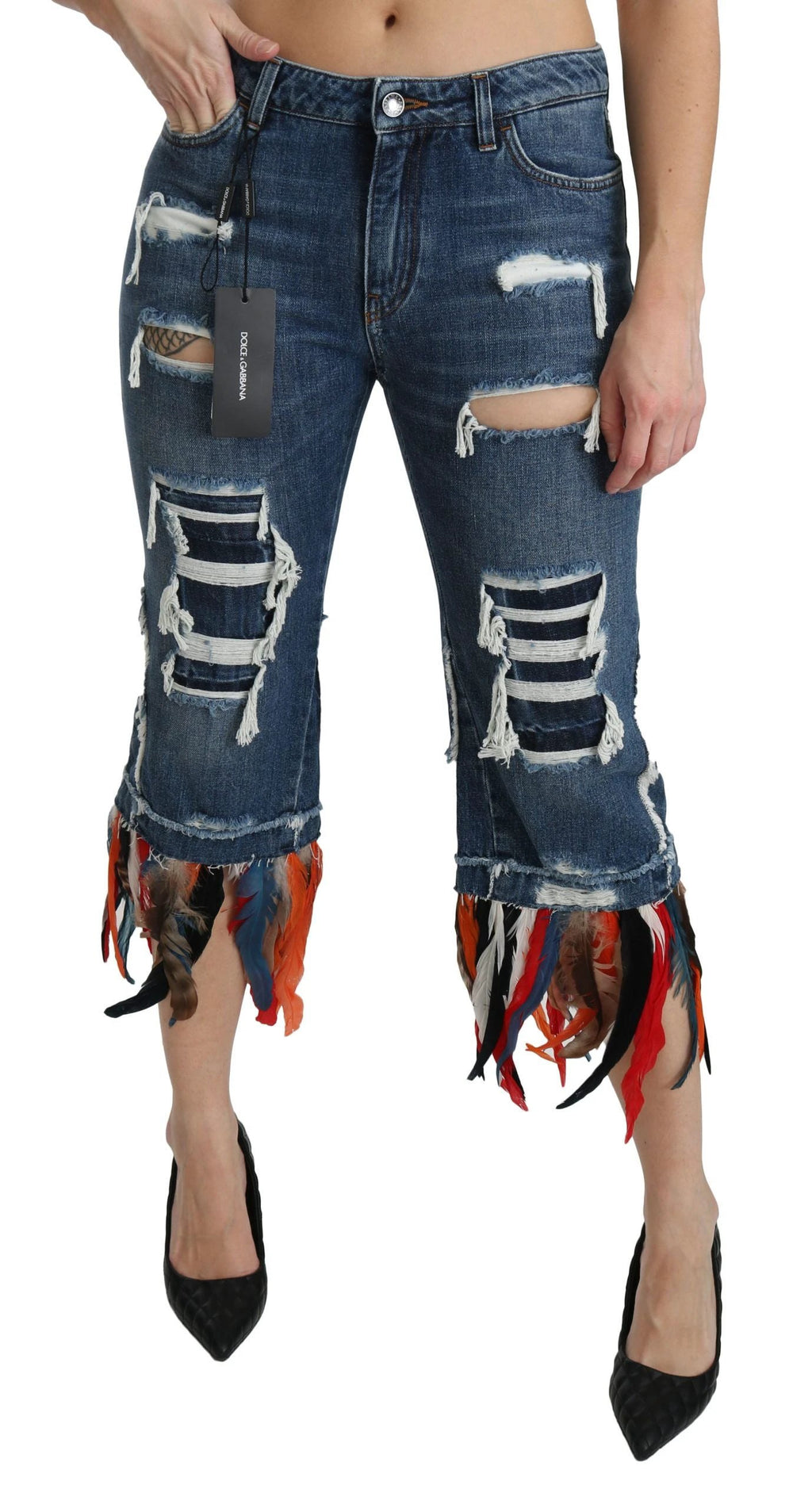 Dolce & Gabbana Blue Feathers Low Waist Cropped Cotton Jeans by Dolce & Gabbana