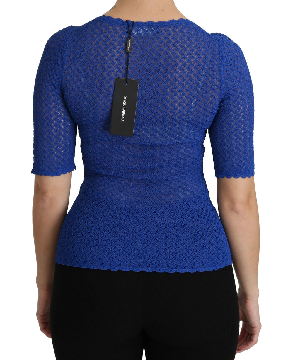 Dolce & Gabbana Blue See Through Round Neck Top Viscose Blouse by Dolce & Gabbana