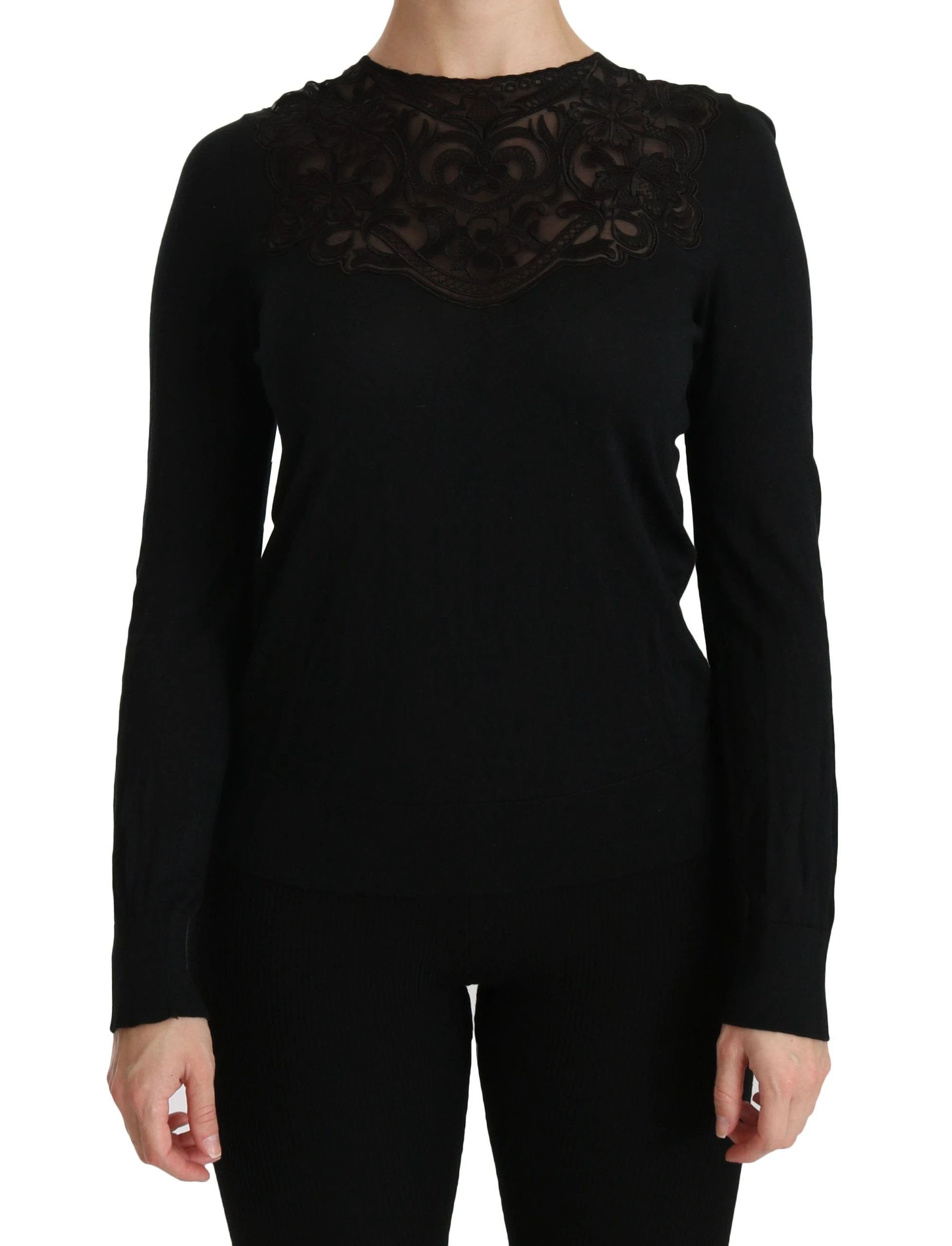 Dolce & Gabbana Black Silk Lace Crew Neck Long Sleeve Blouse by Dolce & Gabbana