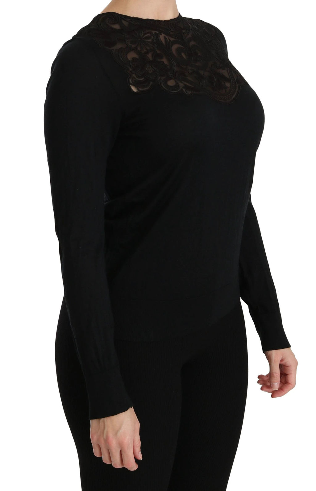 Dolce & Gabbana Black Silk Lace Crew Neck Long Sleeve Blouse by Dolce & Gabbana