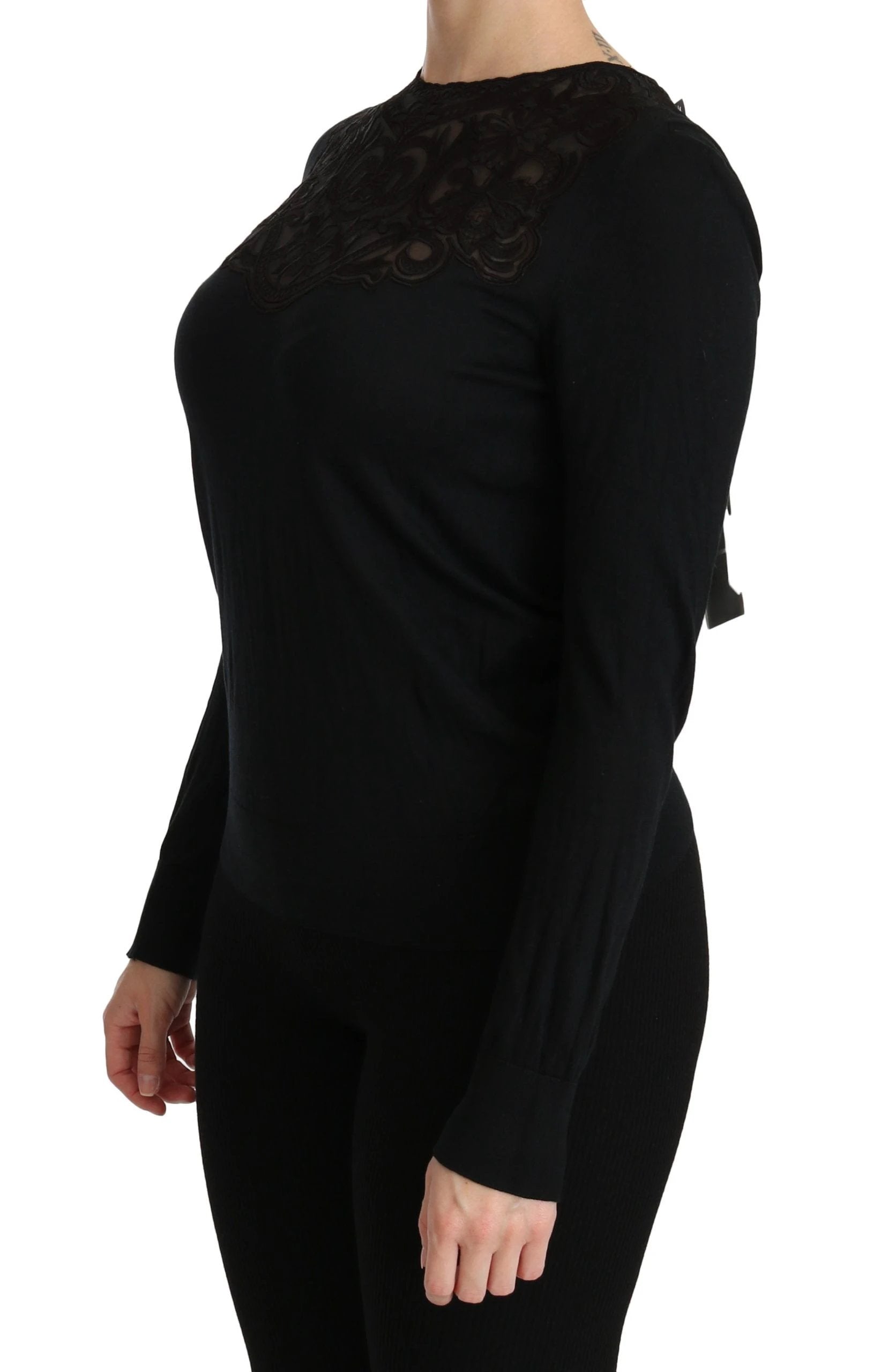 Dolce & Gabbana Black Silk Lace Crew Neck Long Sleeve Blouse by Dolce & Gabbana