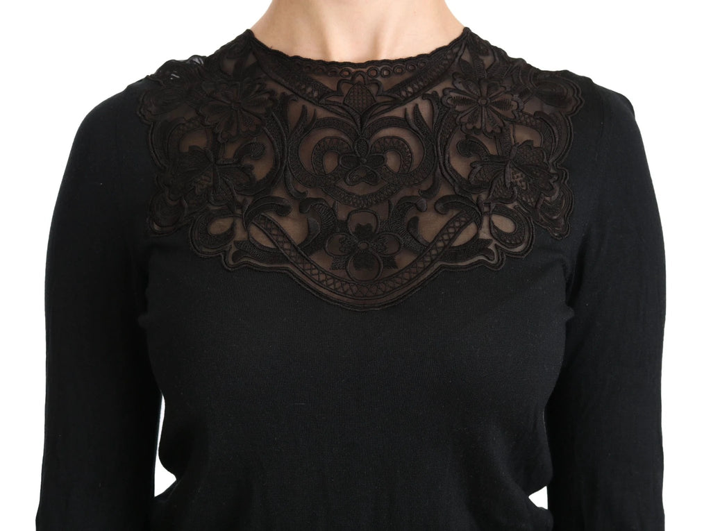 Dolce & Gabbana Black Silk Lace Crew Neck Long Sleeve Blouse by Dolce & Gabbana