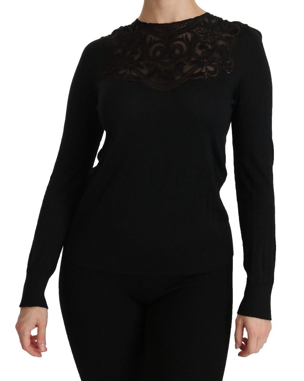 Dolce & Gabbana Black Silk Lace Crew Neck Long Sleeve Blouse by Dolce & Gabbana