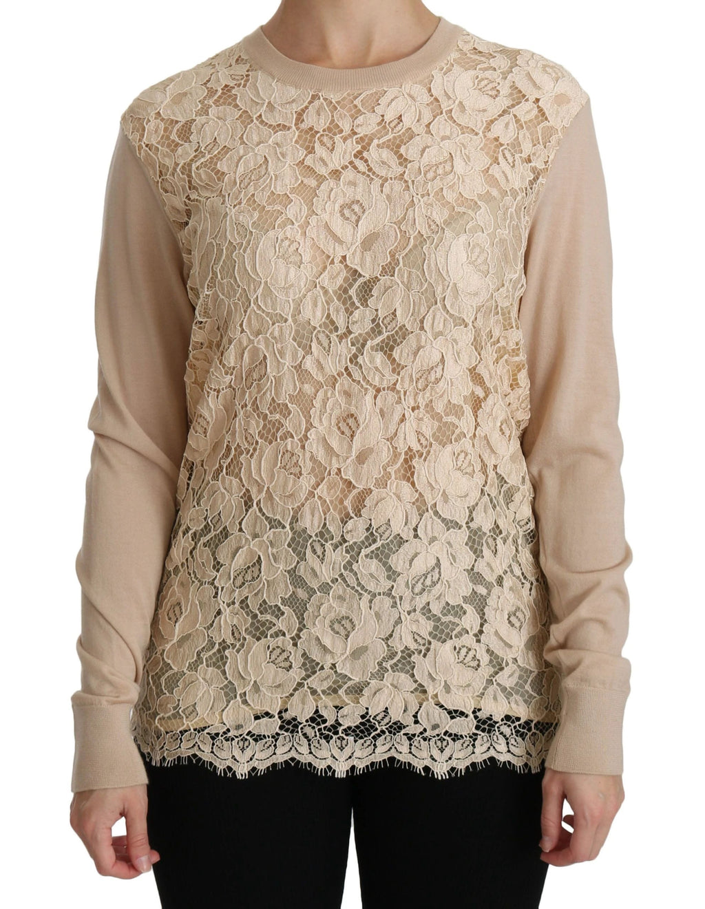 Dolce & Gabbana Beige Lace Long Sleeve Top Cashmere Blouse by Dolce & Gabbana