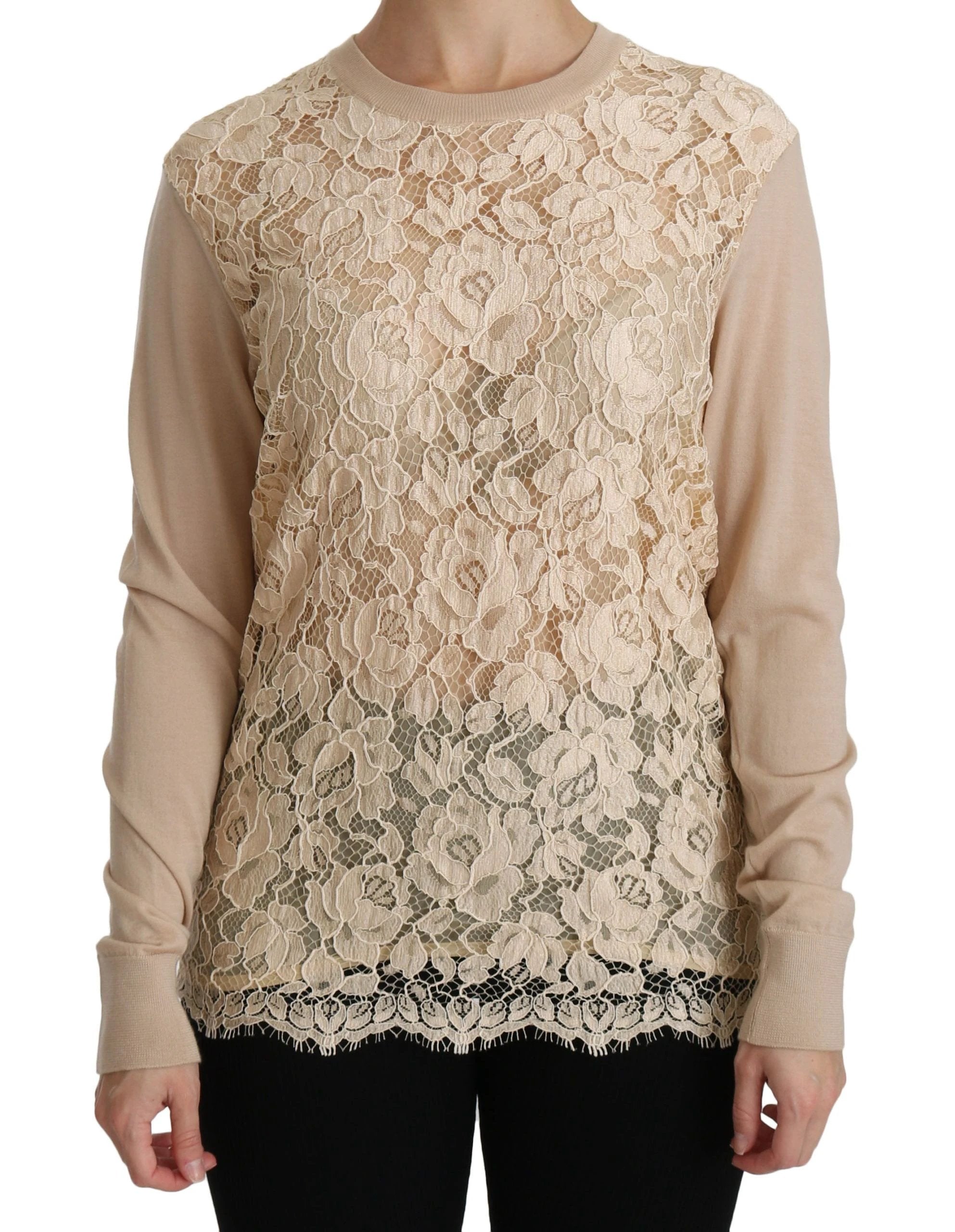 Dolce & Gabbana Beige Lace Long Sleeve Top Cashmere Blouse by Dolce & Gabbana