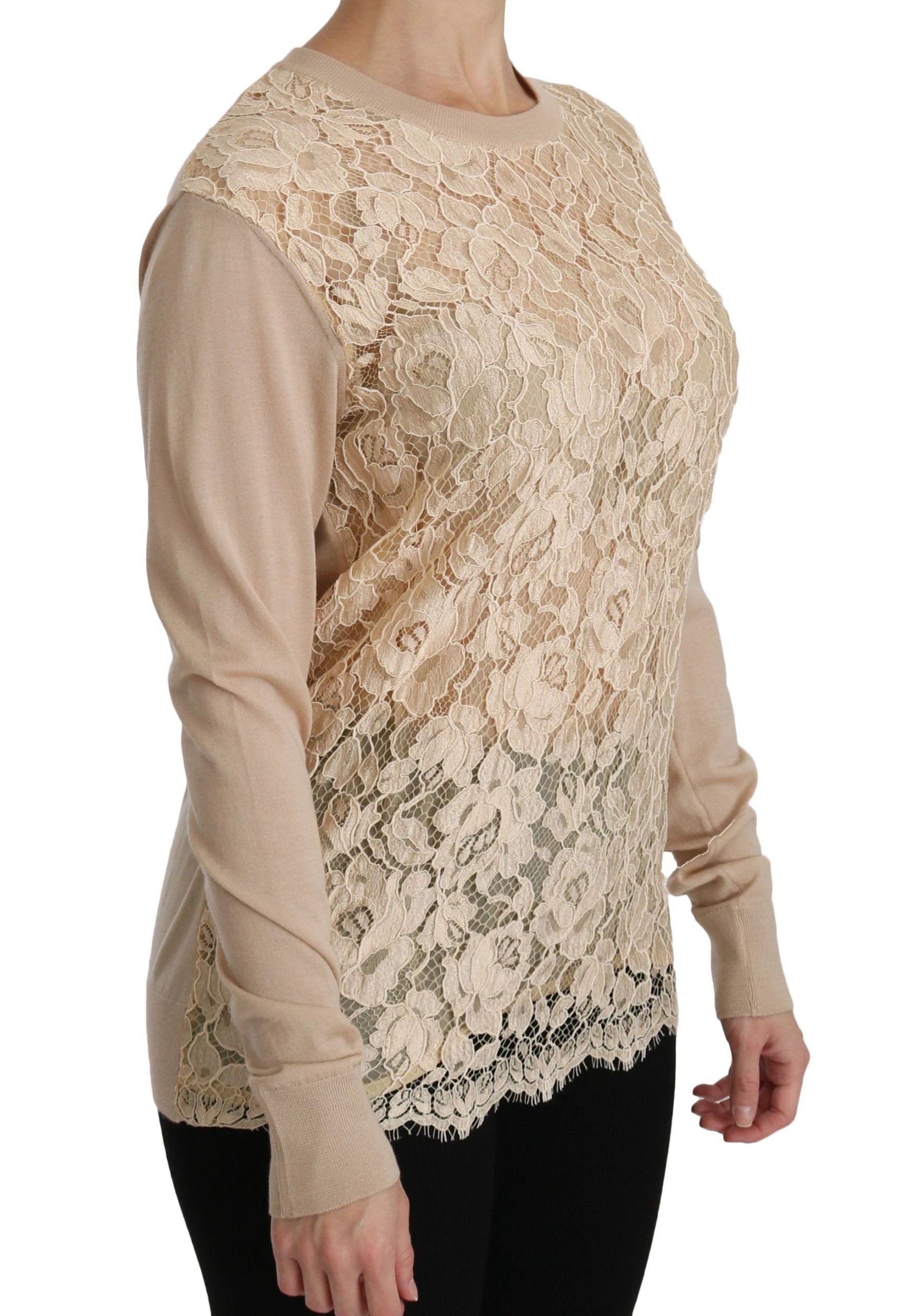 Dolce & Gabbana Beige Lace Long Sleeve Top Cashmere Blouse by Dolce & Gabbana