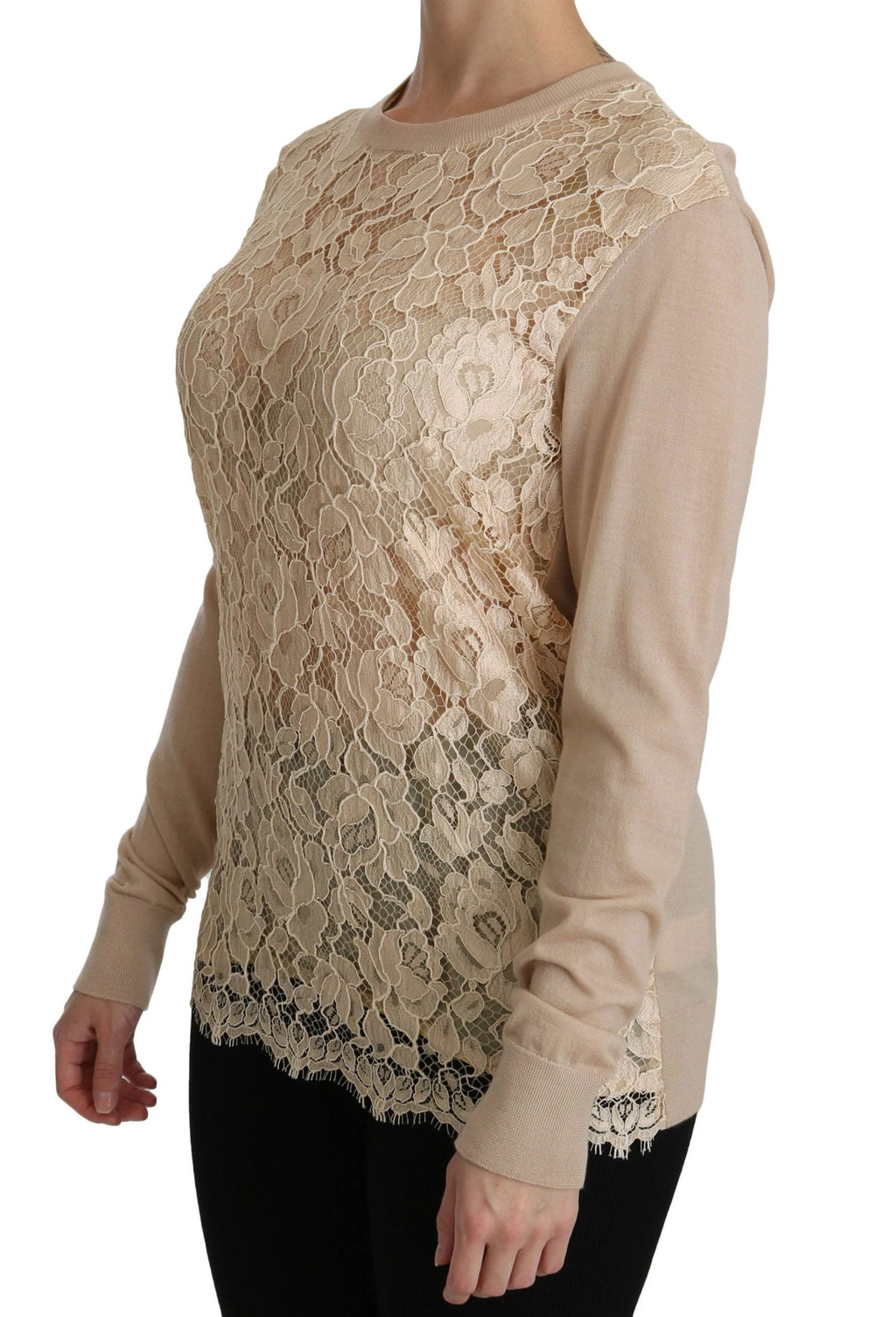 Dolce & Gabbana Beige Lace Long Sleeve Top Cashmere Blouse by Dolce & Gabbana