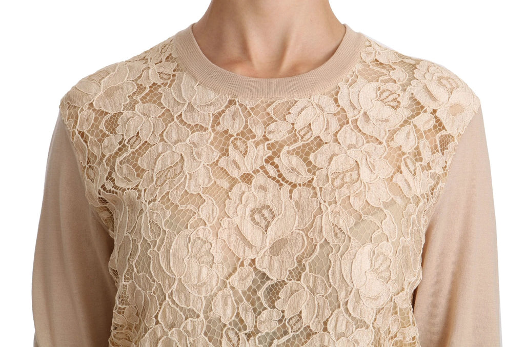 Dolce & Gabbana Beige Lace Long Sleeve Top Cashmere Blouse by Dolce & Gabbana