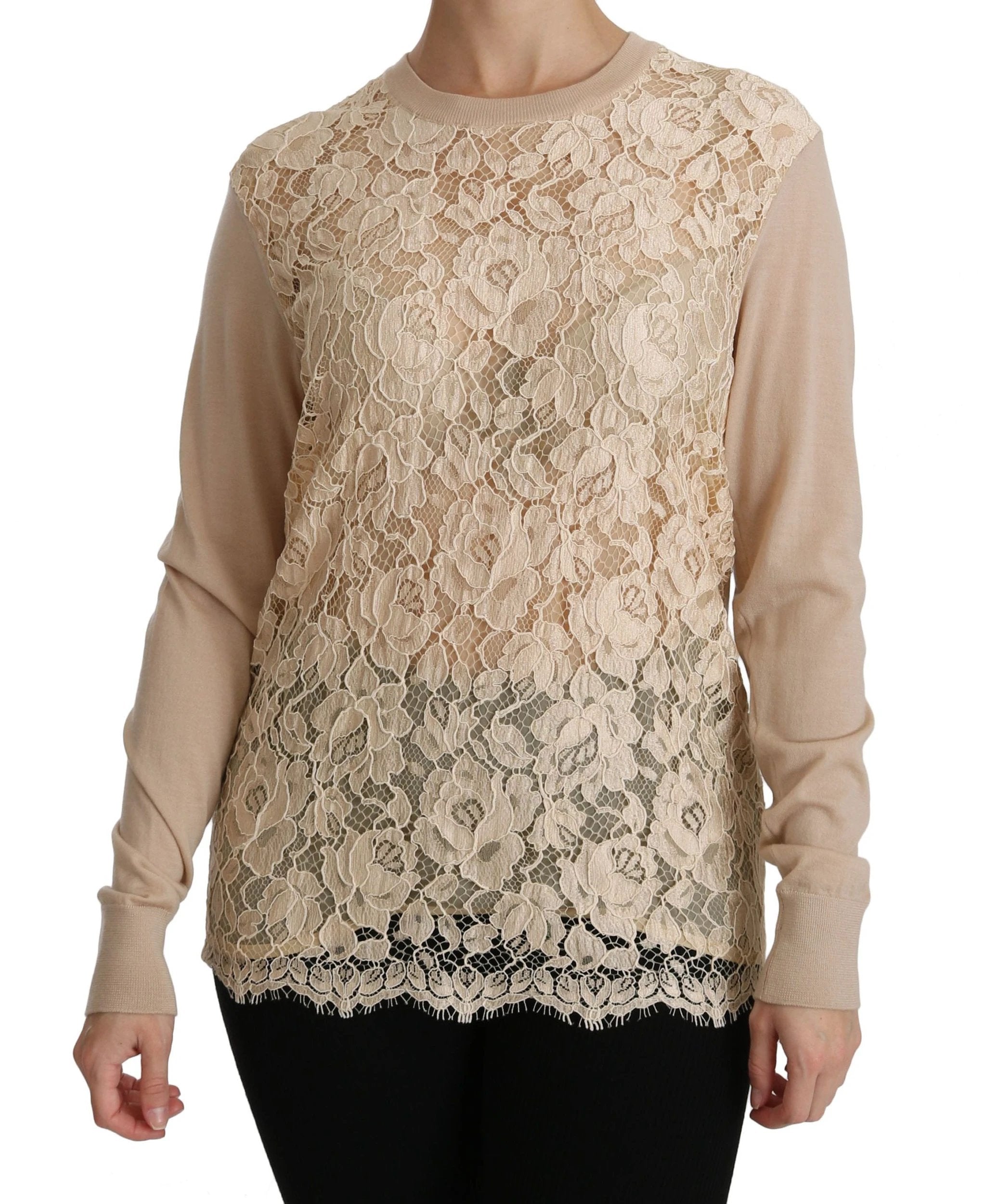 Dolce & Gabbana Beige Lace Long Sleeve Top Cashmere Blouse by Dolce & Gabbana