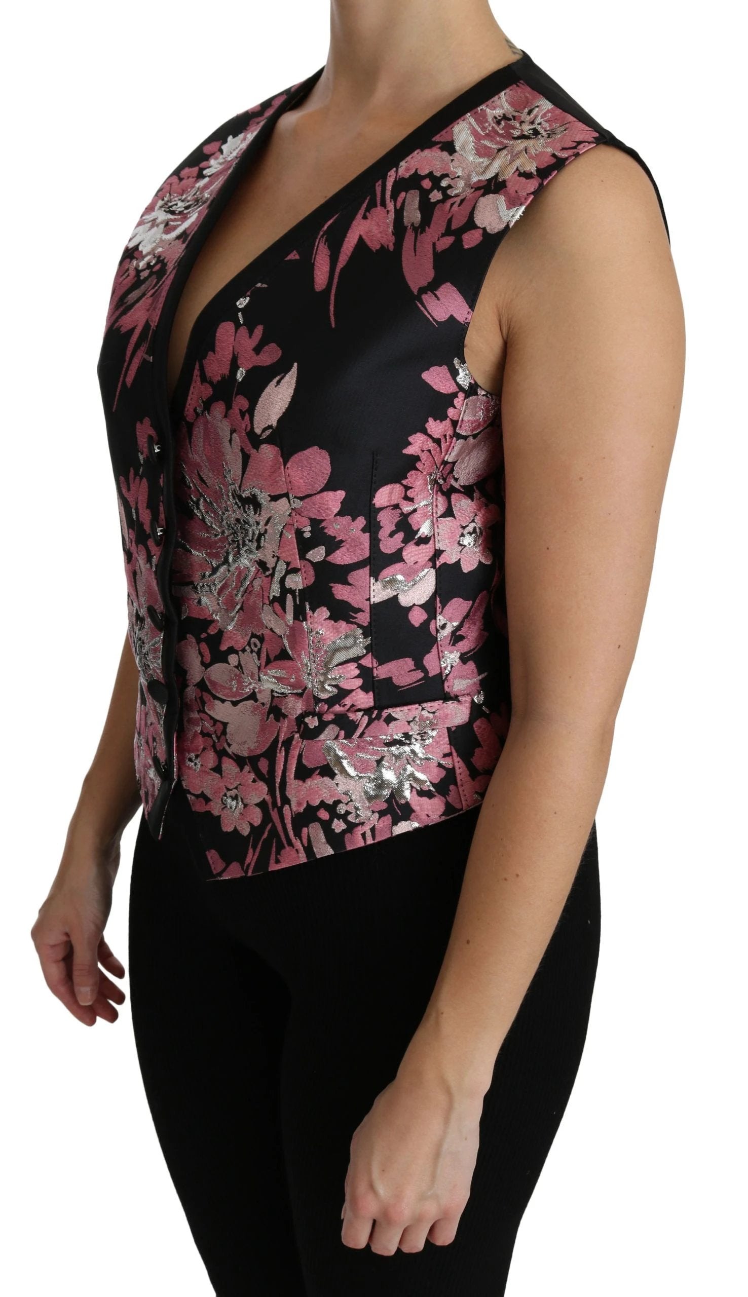 Dolce & Gabbana Black Pink Floral Waistcoat Vest Blouse Top by Dolce & Gabbana