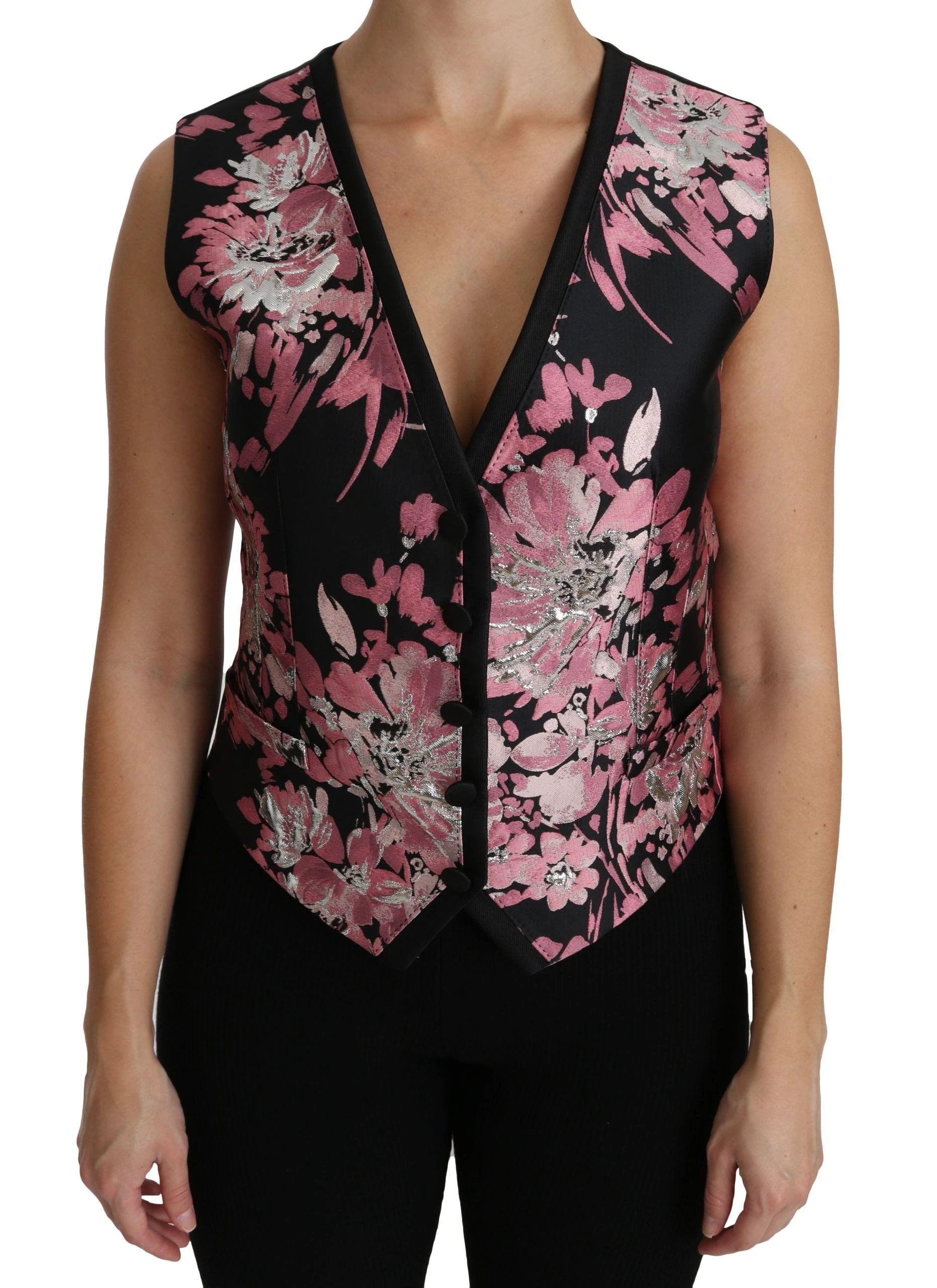 Dolce & Gabbana Black Pink Floral Waistcoat Vest Blouse Top by Dolce & Gabbana