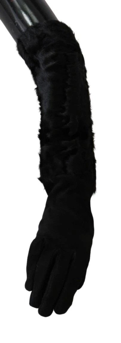 Dolce & Gabbana Black Elbow Length Mitten Suede Fur Gloves by Dolce & Gabbana