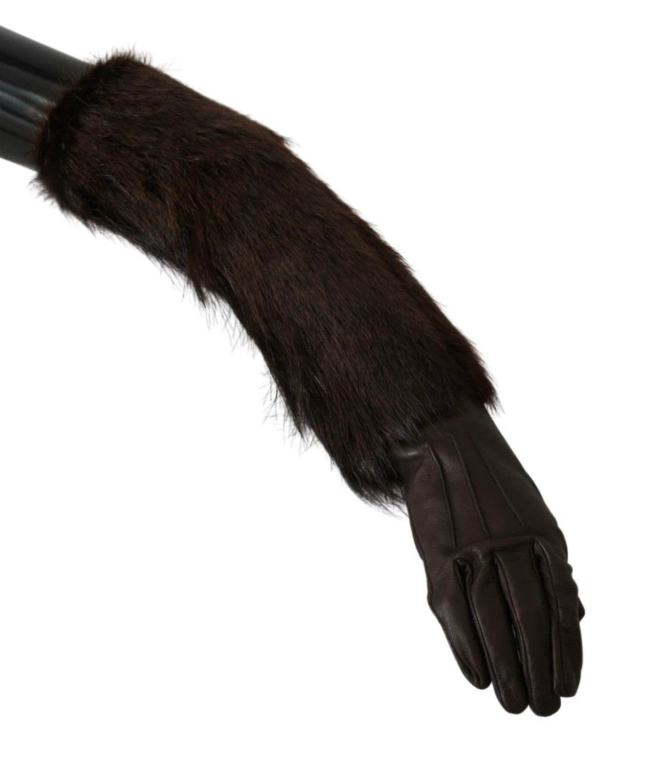 Dolce & Gabbana Brown Elbow Length Mittens Leather Fur Gloves by Dolce & Gabbana
