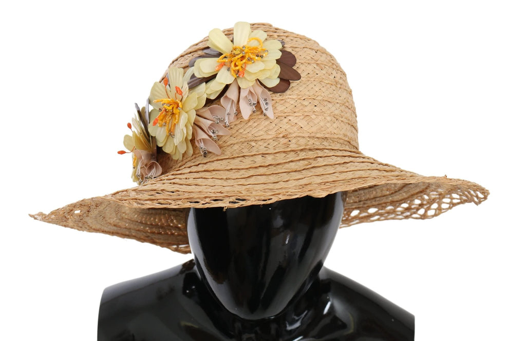 Dolce & Gabbana Beige Wide Brim Floral Bucket Capello Hat by Dolce & Gabbana