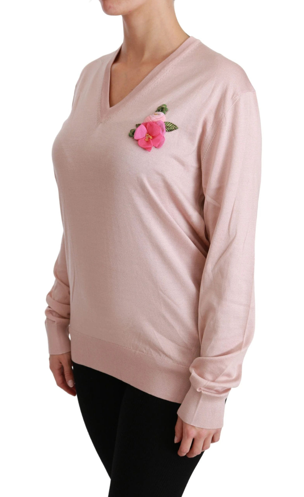 Dolce & Gabbana Pink Floral Embellished Pullover Silk Sweater by Dolce & Gabbana