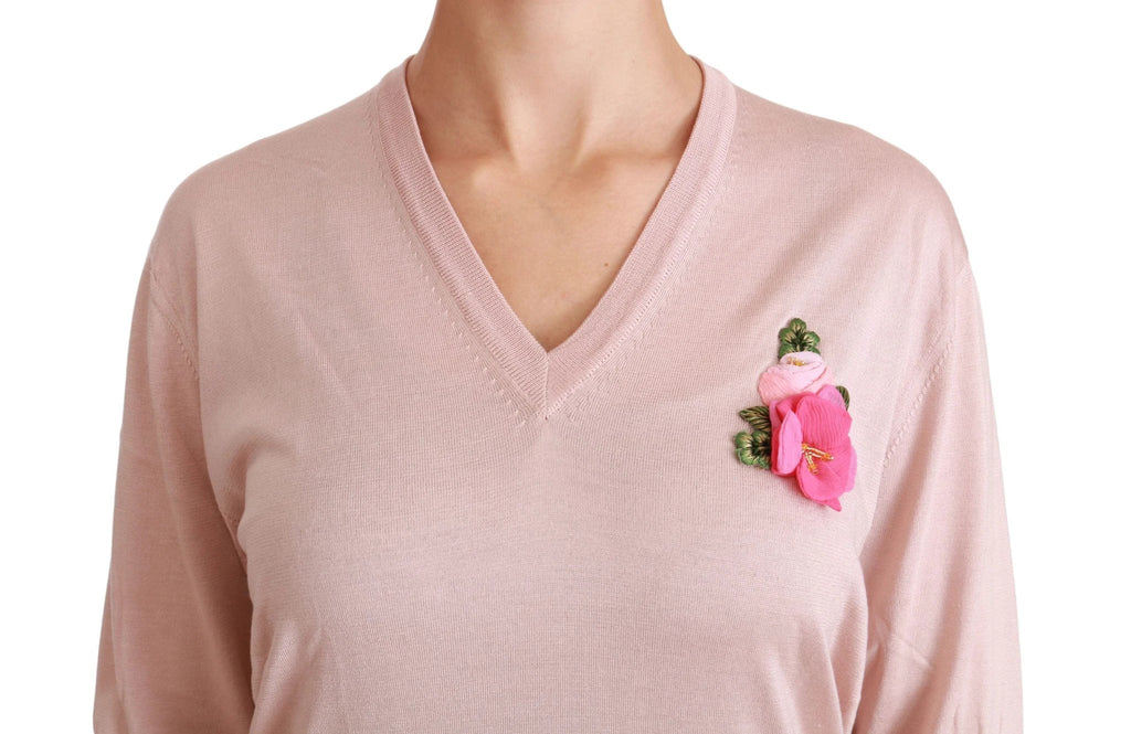 Dolce & Gabbana Pink Floral Embellished Pullover Silk Sweater by Dolce & Gabbana