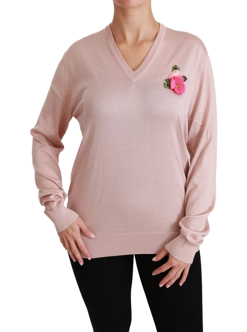 Dolce & Gabbana Pink Floral Embellished Pullover Silk Sweater by Dolce & Gabbana