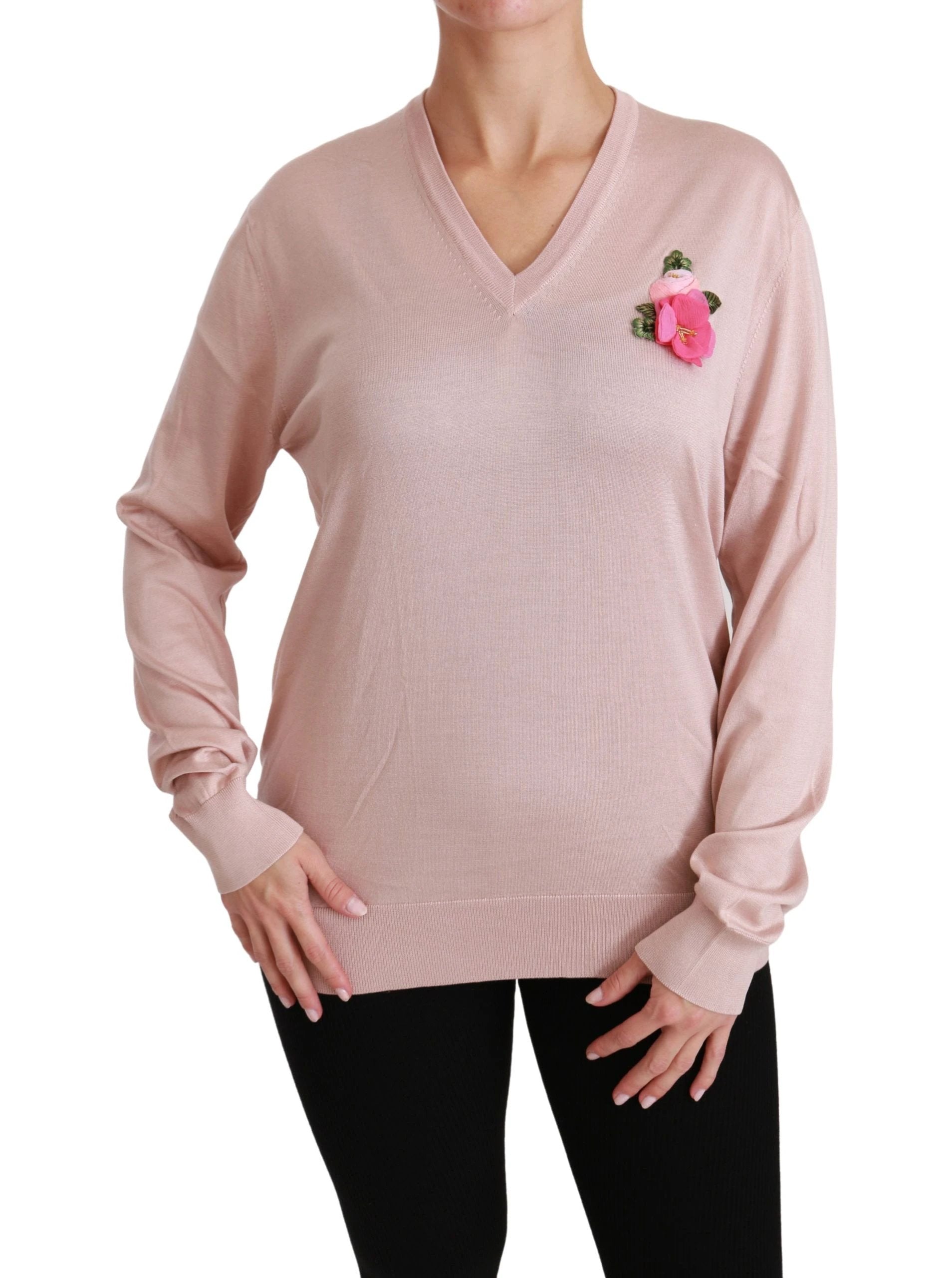 Dolce & Gabbana Pink Floral Embellished Pullover Silk Sweater by Dolce & Gabbana