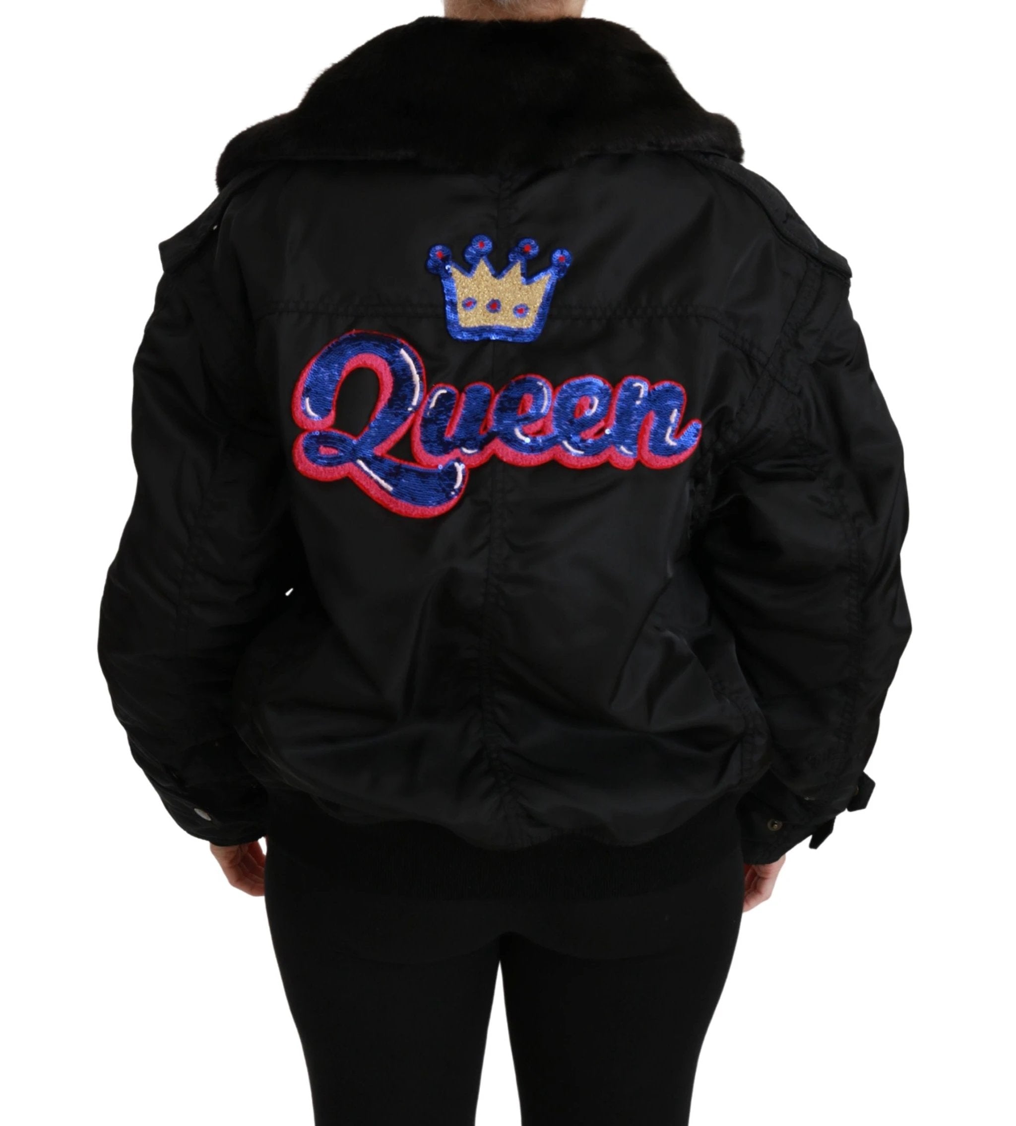 Dolce & Gabbana Black Queen Crown Sequined Bomber Jacket by Dolce & Gabbana