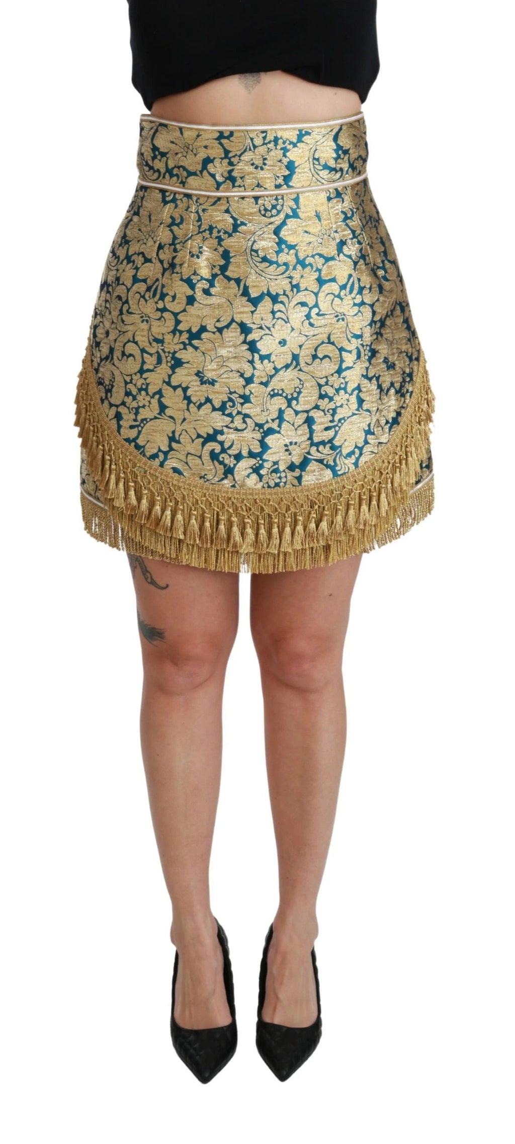 Dolce & Gabbana Blue High Waist Jacquard Tassel Gold Skirt by Dolce & Gabbana