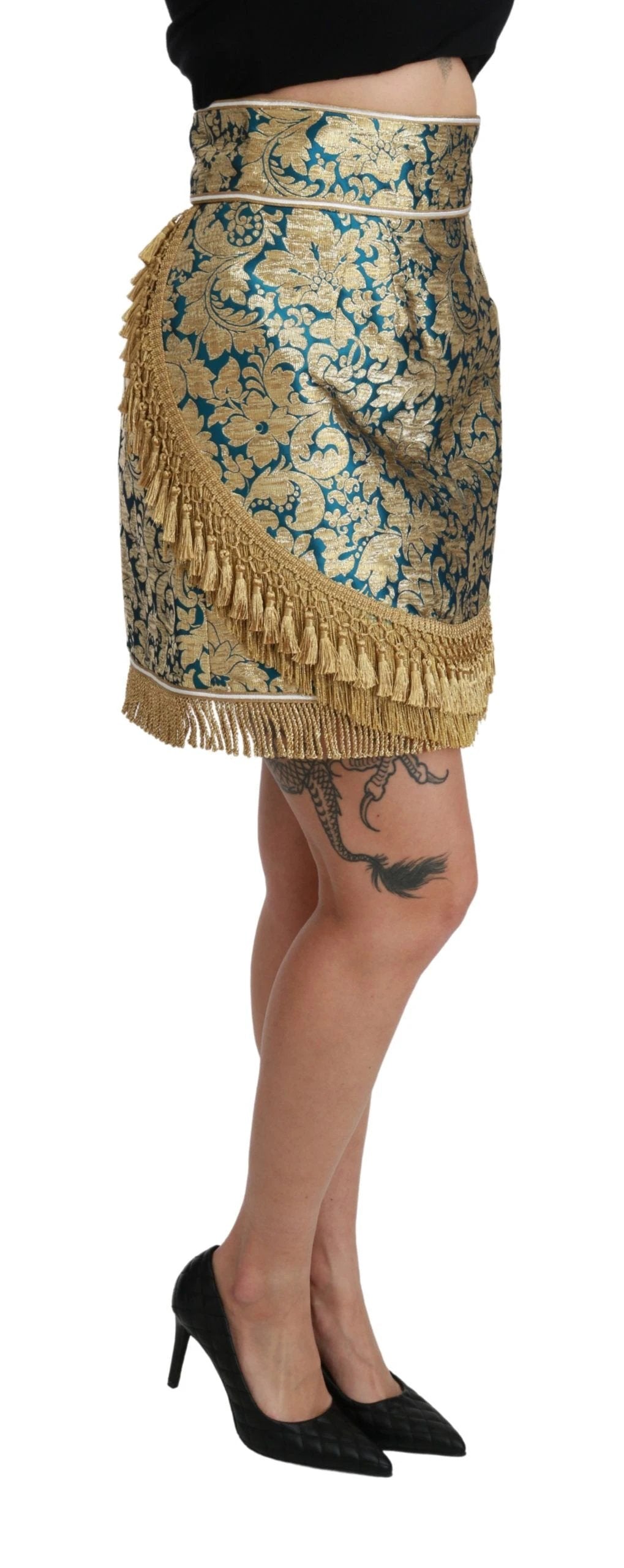 Dolce & Gabbana Blue High Waist Jacquard Tassel Gold Skirt by Dolce & Gabbana