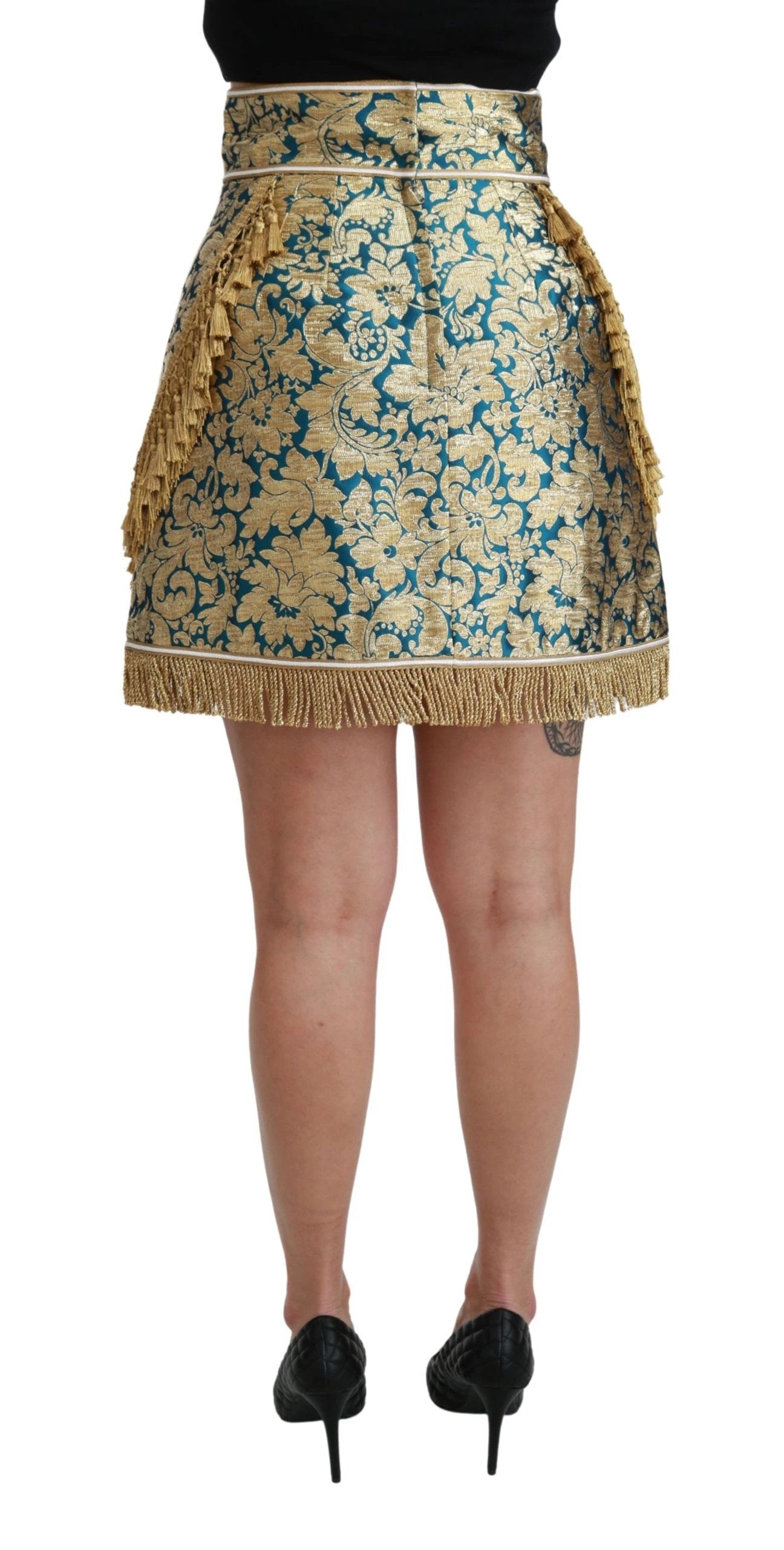 Dolce & Gabbana Blue High Waist Jacquard Tassel Gold Skirt by Dolce & Gabbana
