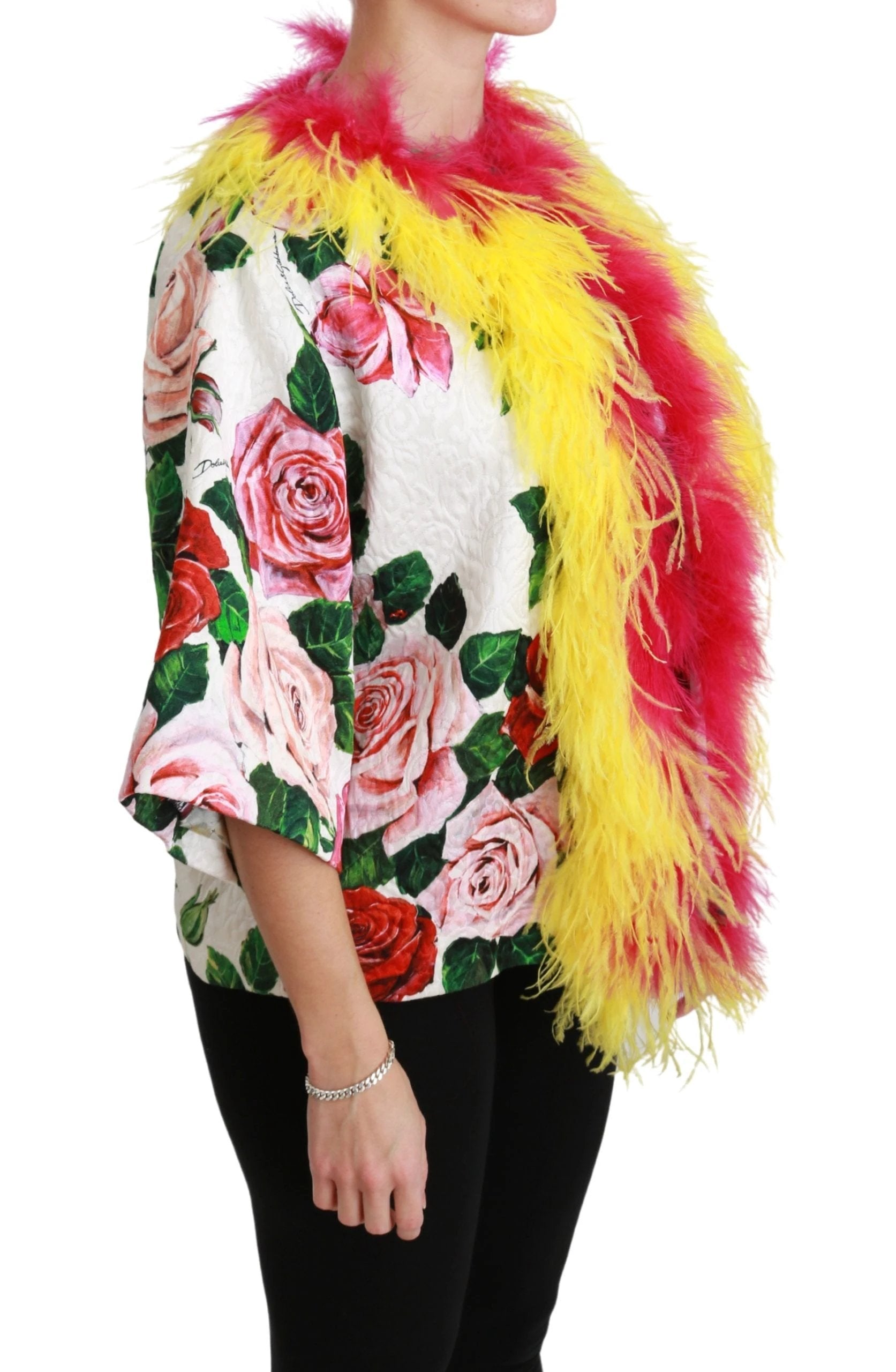 Dolce & Gabbana White Floral Coat Capte Fur Roses Jacket by Dolce & Gabbana