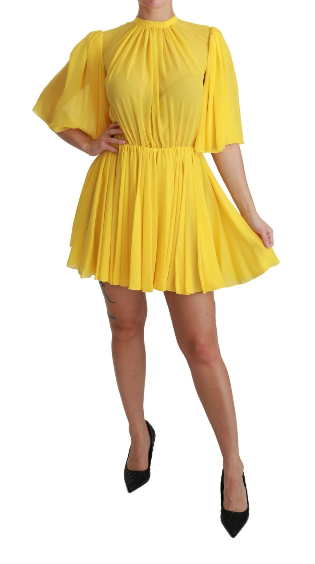 Dolce & Gabbana Yellow Pleated A-line Mini 100% Silk Dress by Dolce & Gabbana
