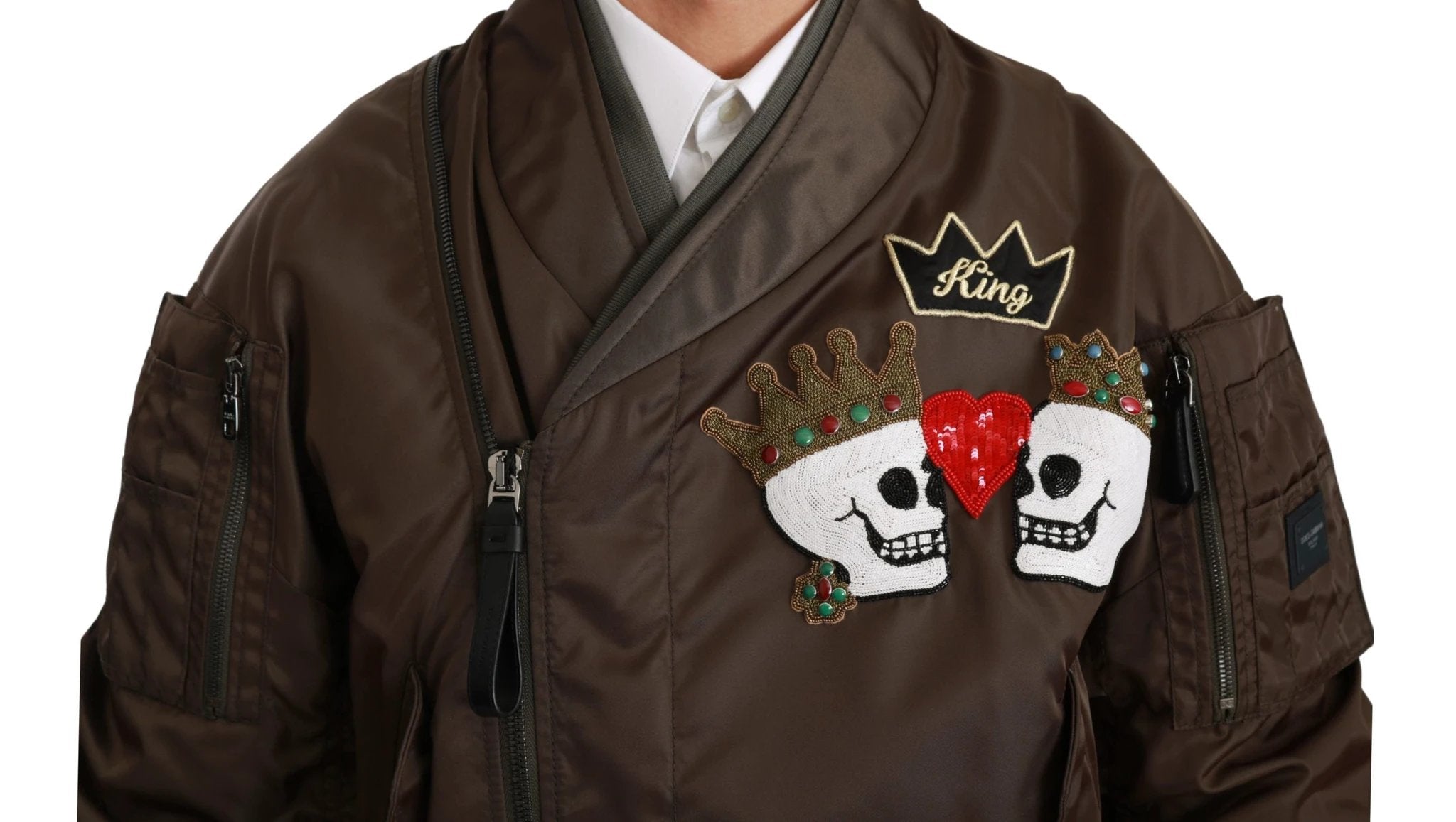 Dolce & Gabbana Brown Beaded Crown Skull Logo Jacket by Dolce & Gabbana