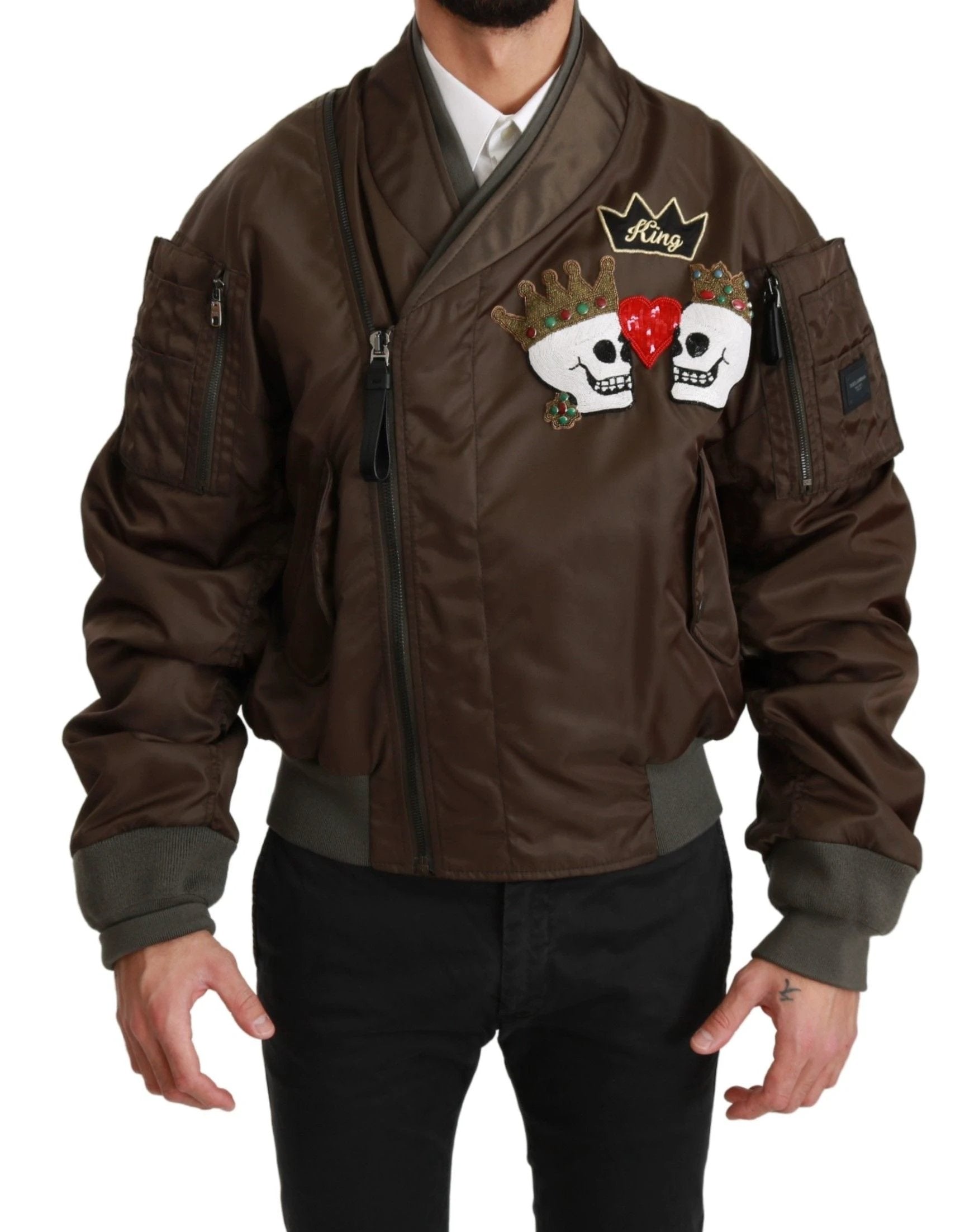 Dolce & Gabbana Brown Beaded Crown Skull Logo Jacket by Dolce & Gabbana