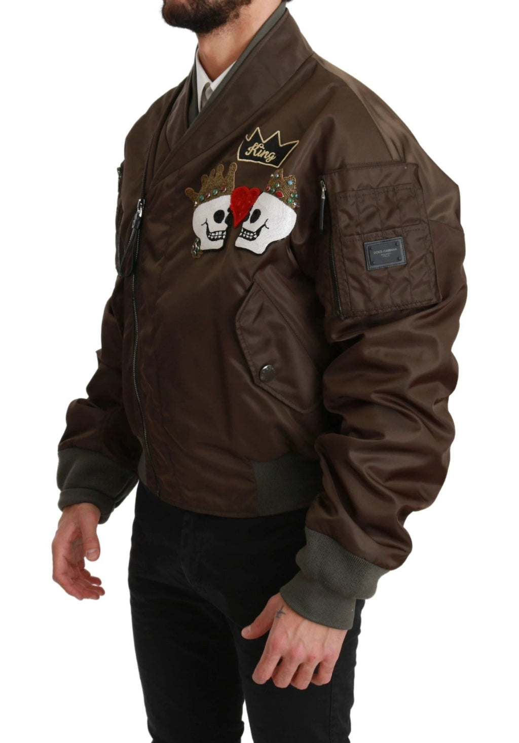 Dolce & Gabbana Brown Beaded Crown Skull Logo Jacket by Dolce & Gabbana