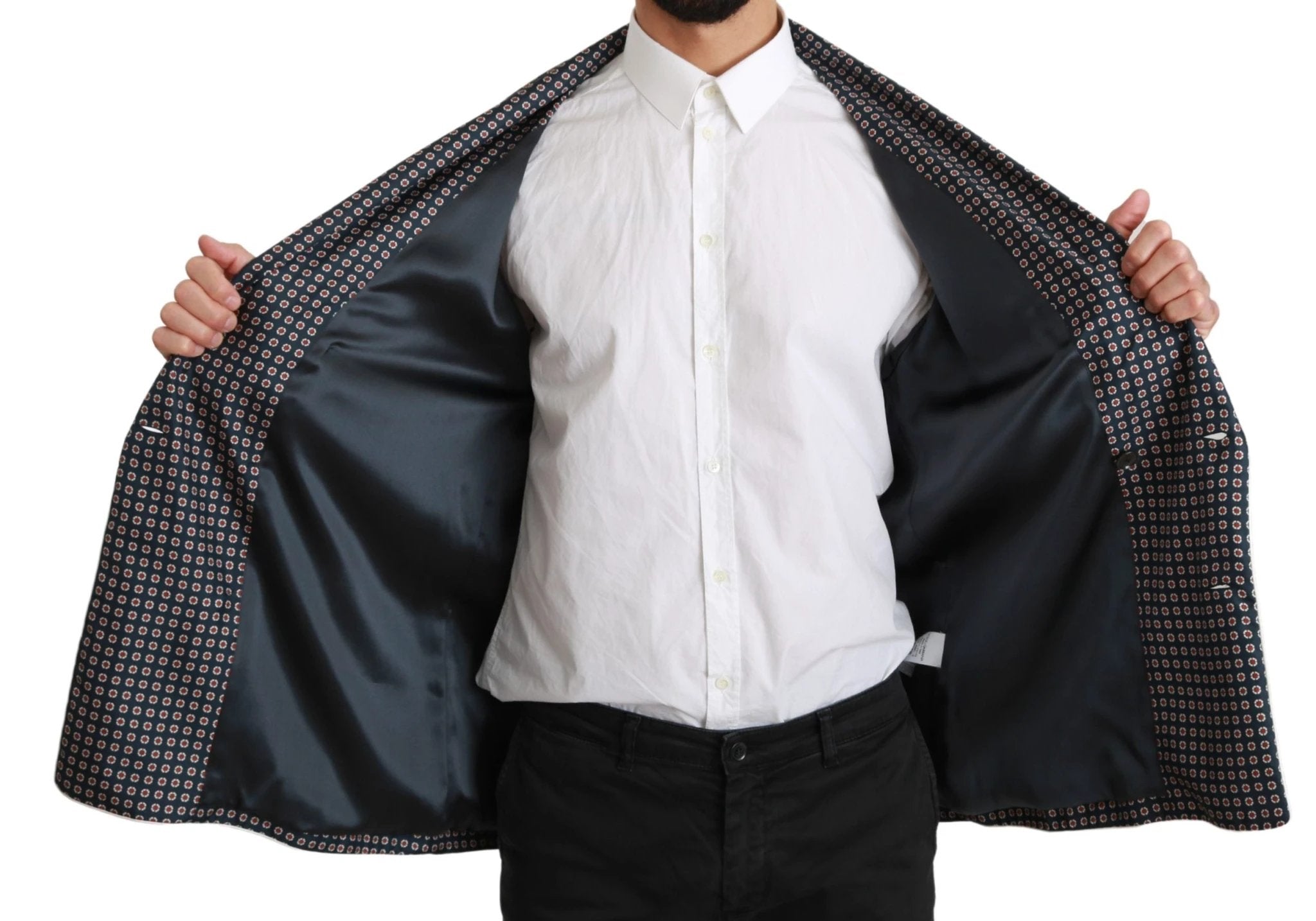 Dolce & Gabbana Navy Blue Patterned Double Breasted Coat Jacket by Dolce & Gabbana