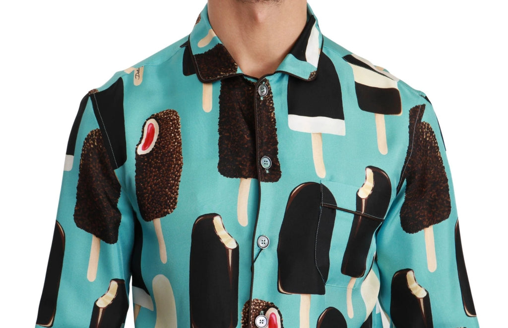 Dolce & Gabbana Blue Silk Ice Cream Print Casual Shirt by Dolce & Gabbana