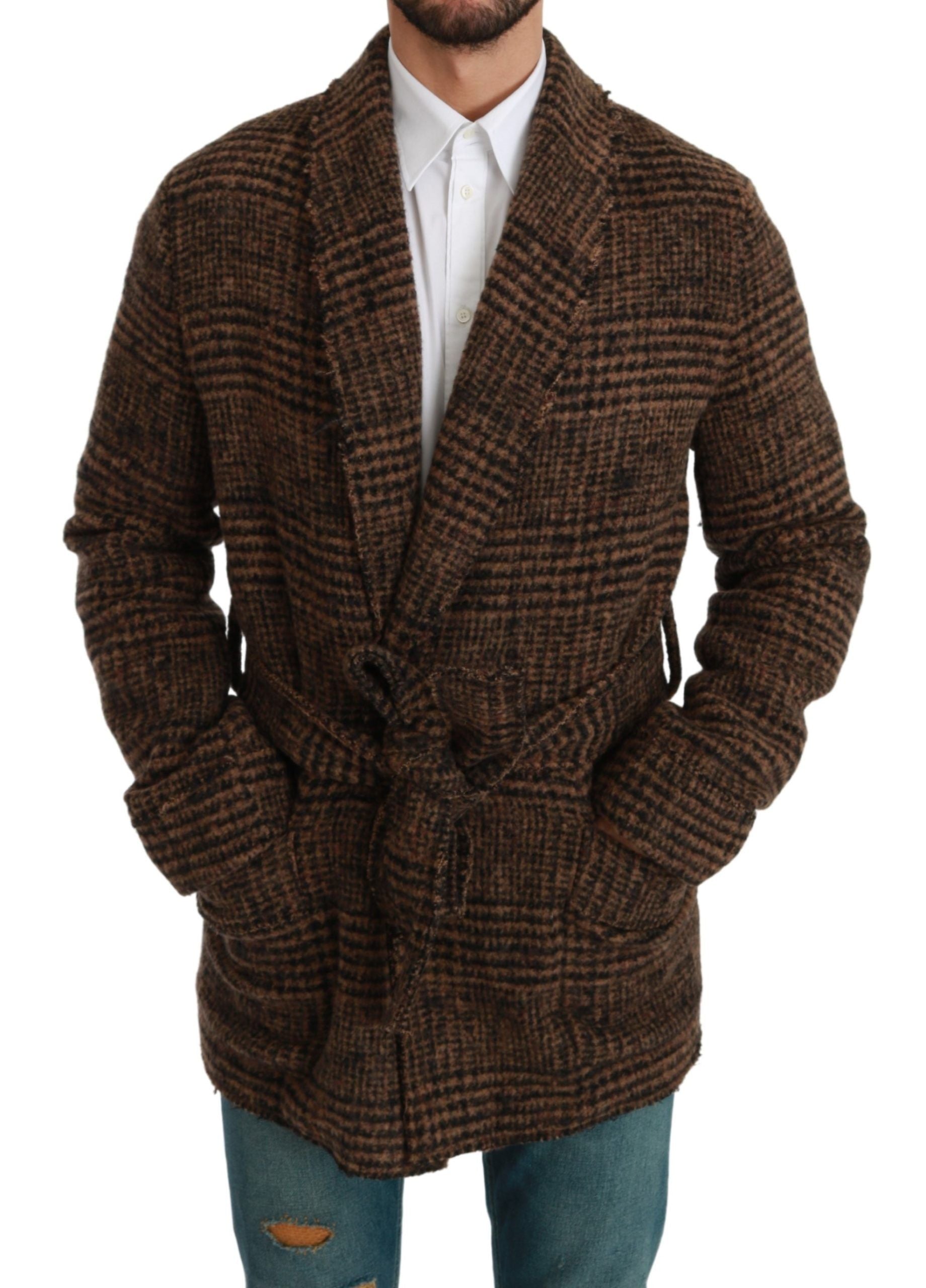 Dolce & Gabbana Brown Checkered Wool Robe Coat Wrap Jacket by Dolce & Gabbana