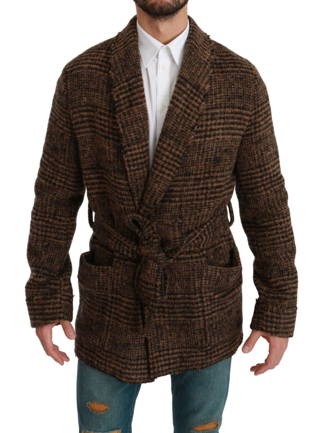 Dolce & Gabbana Brown Checkered Wool Robe Coat Wrap Jacket by Dolce & Gabbana
