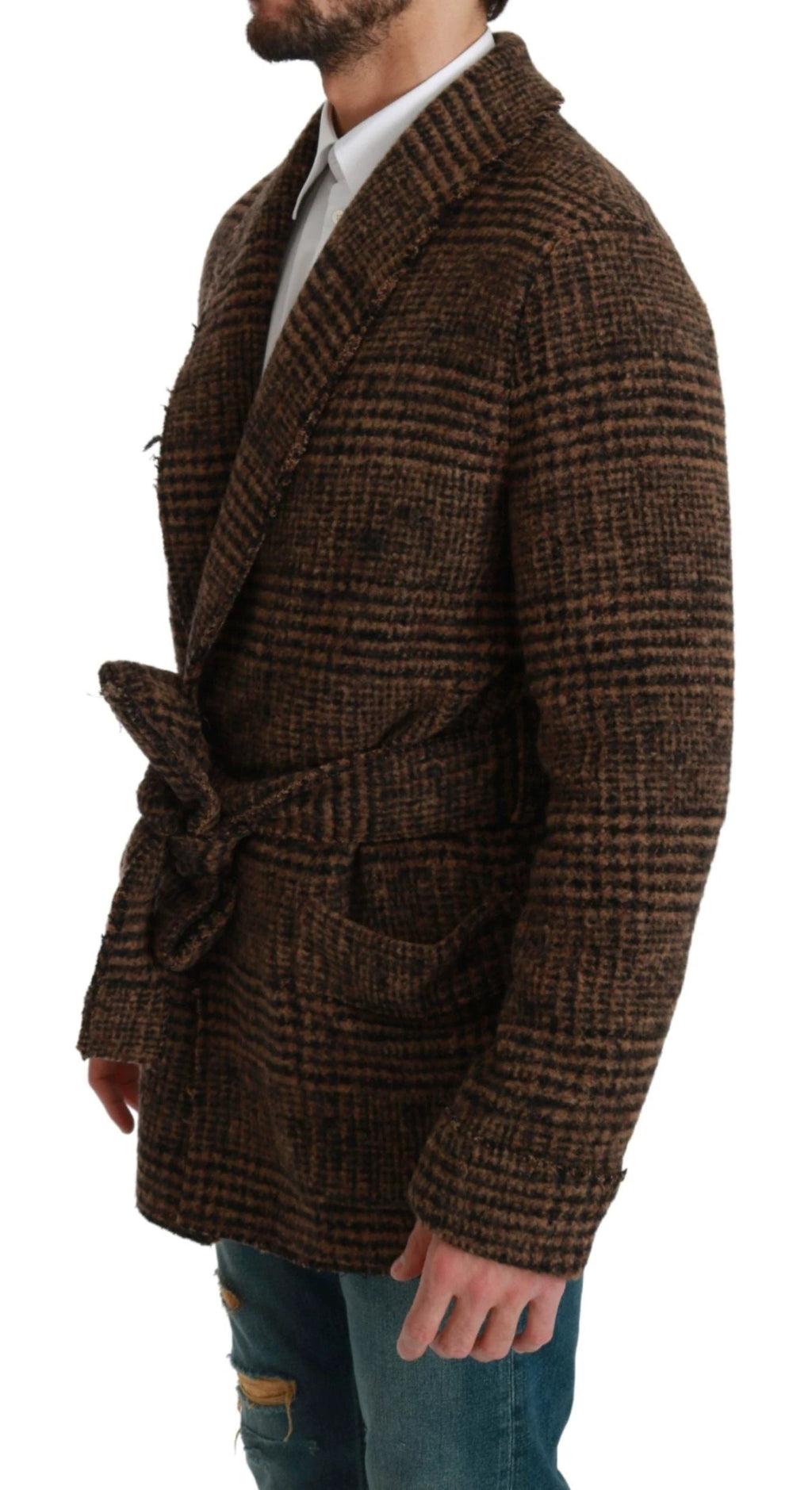 Dolce & Gabbana Brown Checkered Wool Robe Coat Wrap Jacket by Dolce & Gabbana