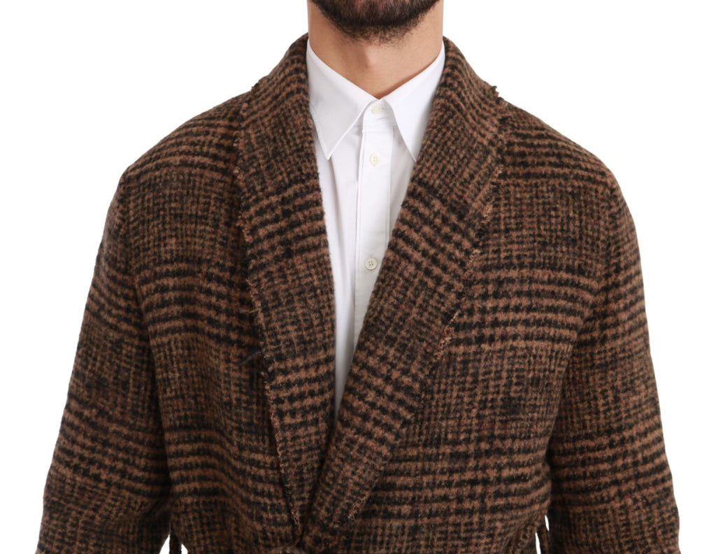 Dolce & Gabbana Brown Checkered Wool Robe Coat Wrap Jacket by Dolce & Gabbana