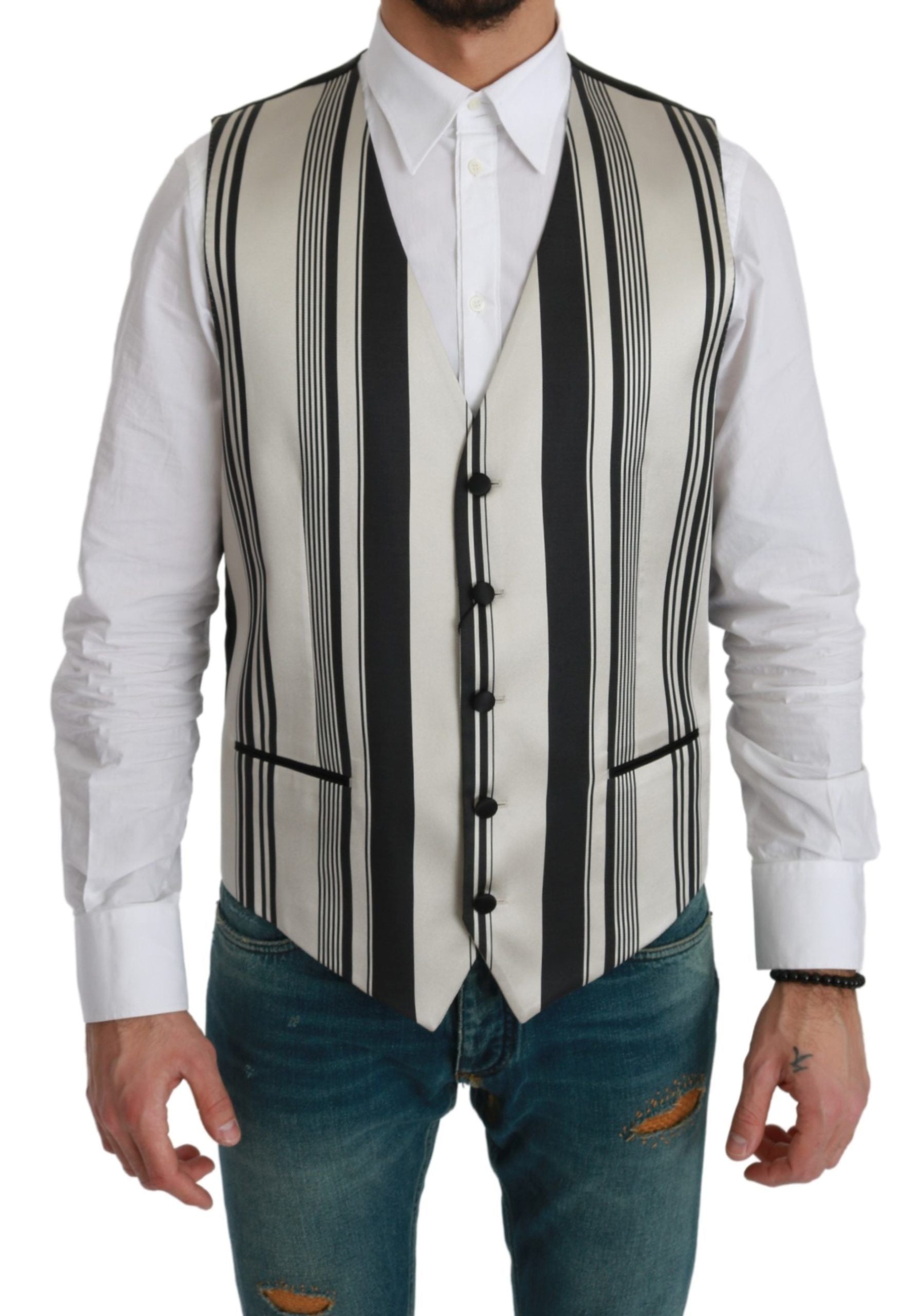 Dolce & Gabbana White Black Stripes Waistcoat Formal Vest by Dolce & Gabbana