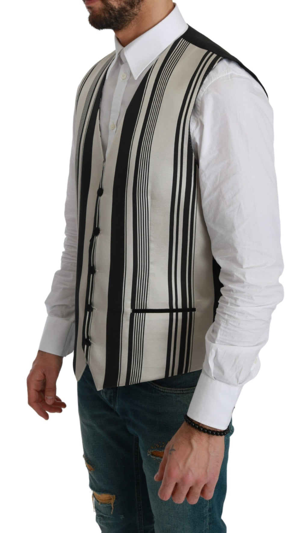 Dolce & Gabbana White Black Stripes Waistcoat Formal Vest by Dolce & Gabbana