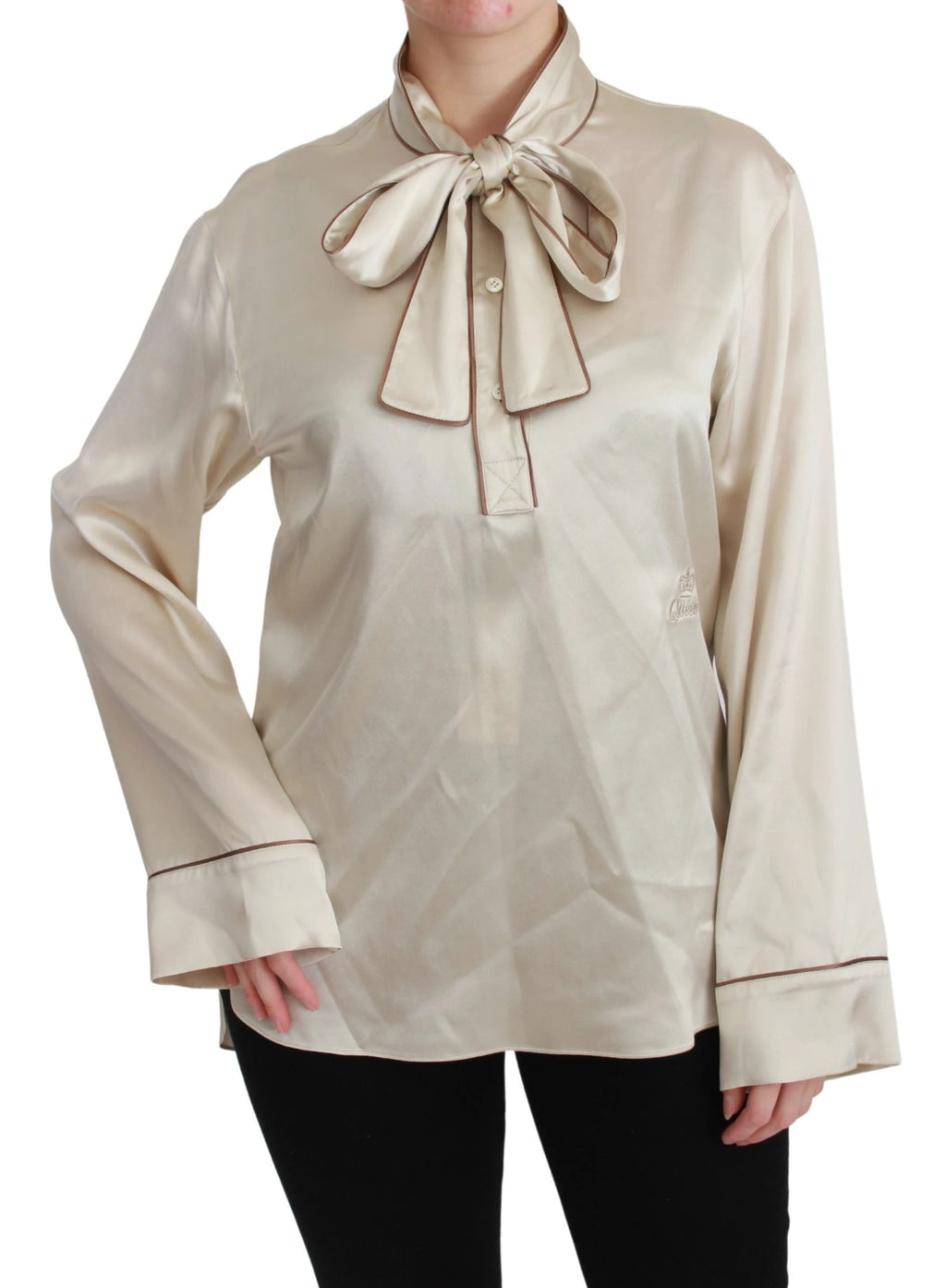 Dolce & Gabbana Beige Sleeve Top Queen Silk Satin Blouse by Dolce & Gabbana