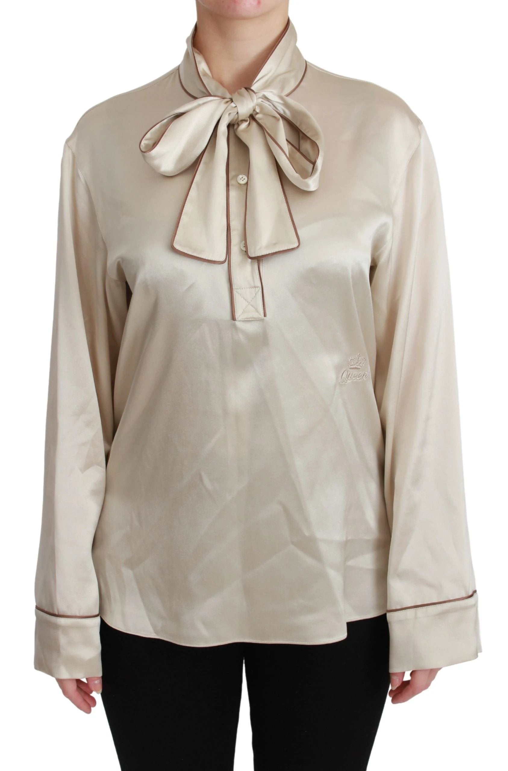 Dolce & Gabbana Beige Sleeve Top Queen Silk Satin Blouse by Dolce & Gabbana