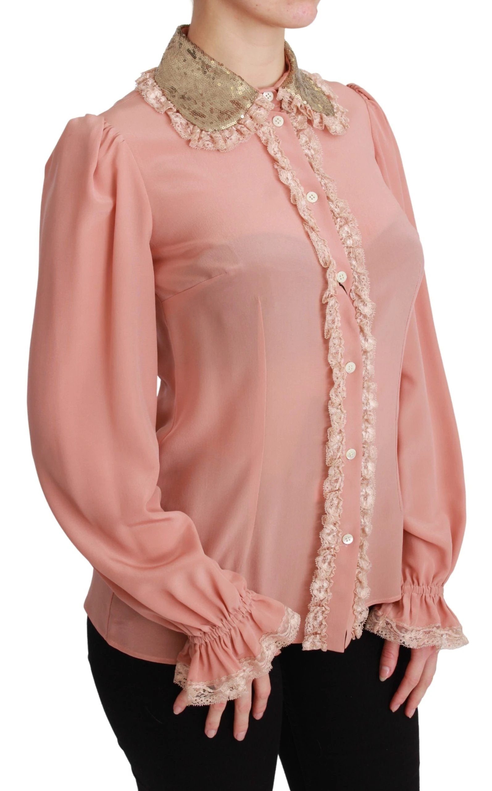 Dolce & Gabbana Pink Silk Gold Sequin Lace Blouse Shirt by Dolce & Gabbana