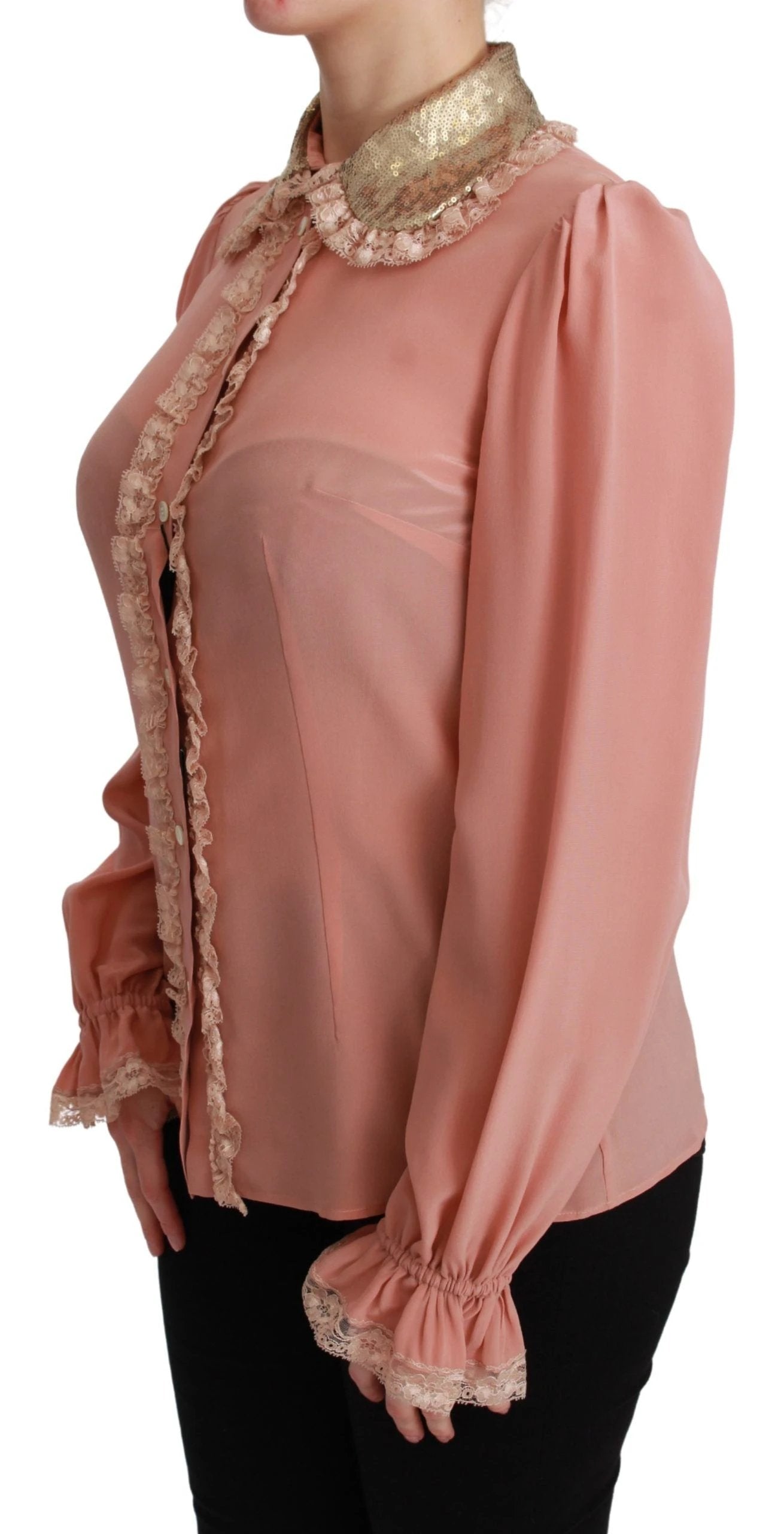 Dolce & Gabbana Pink Silk Gold Sequin Lace Blouse Shirt by Dolce & Gabbana
