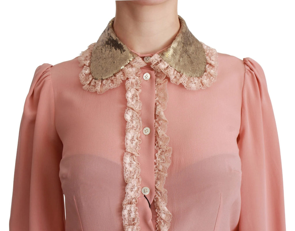 Dolce & Gabbana Pink Silk Gold Sequin Lace Blouse Shirt by Dolce & Gabbana