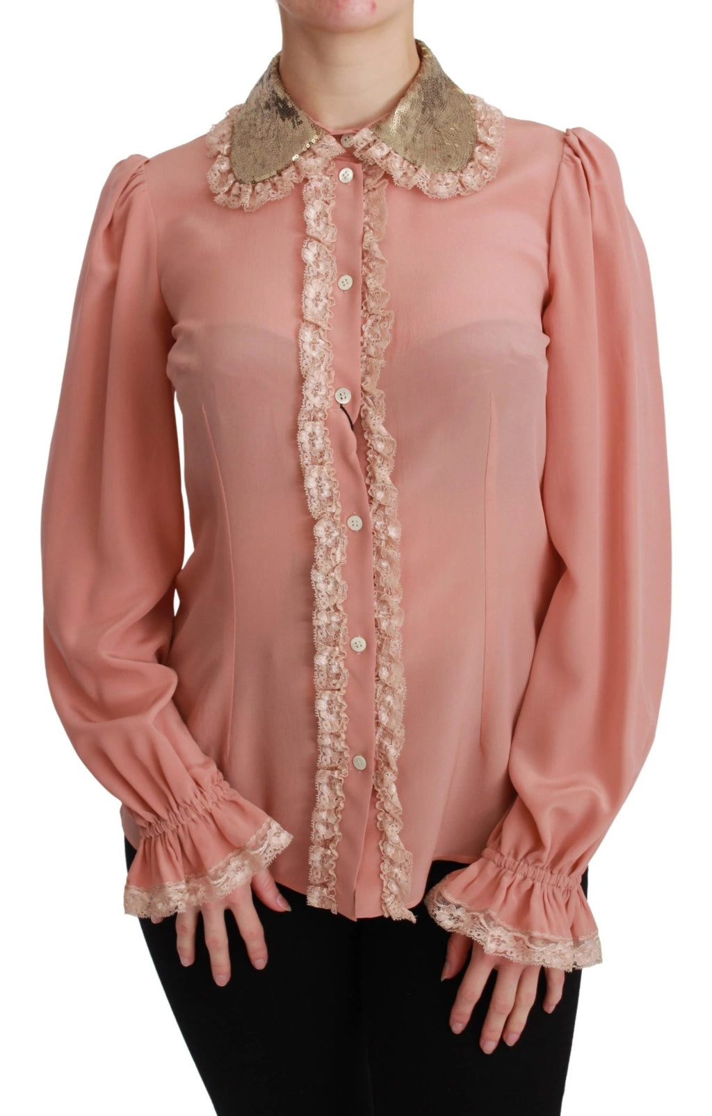 Dolce & Gabbana Pink Silk Gold Sequin Lace Blouse Shirt by Dolce & Gabbana