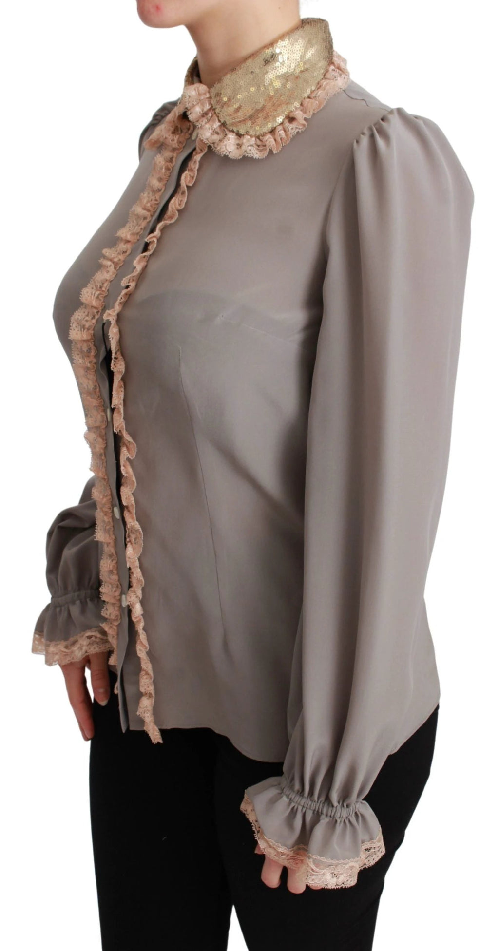 Dolce & Gabbana Gray Silk Gold Sequin Lace Blouse Shirt by Dolce & Gabbana