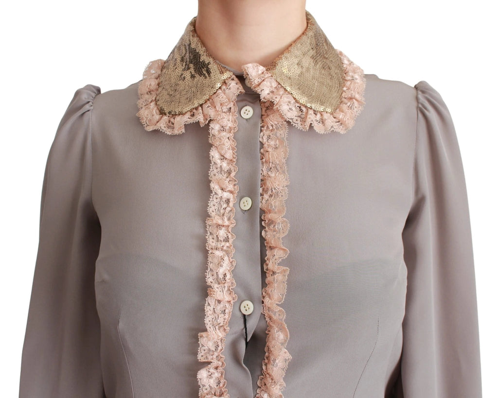 Dolce & Gabbana Gray Silk Gold Sequin Lace Blouse Shirt by Dolce & Gabbana
