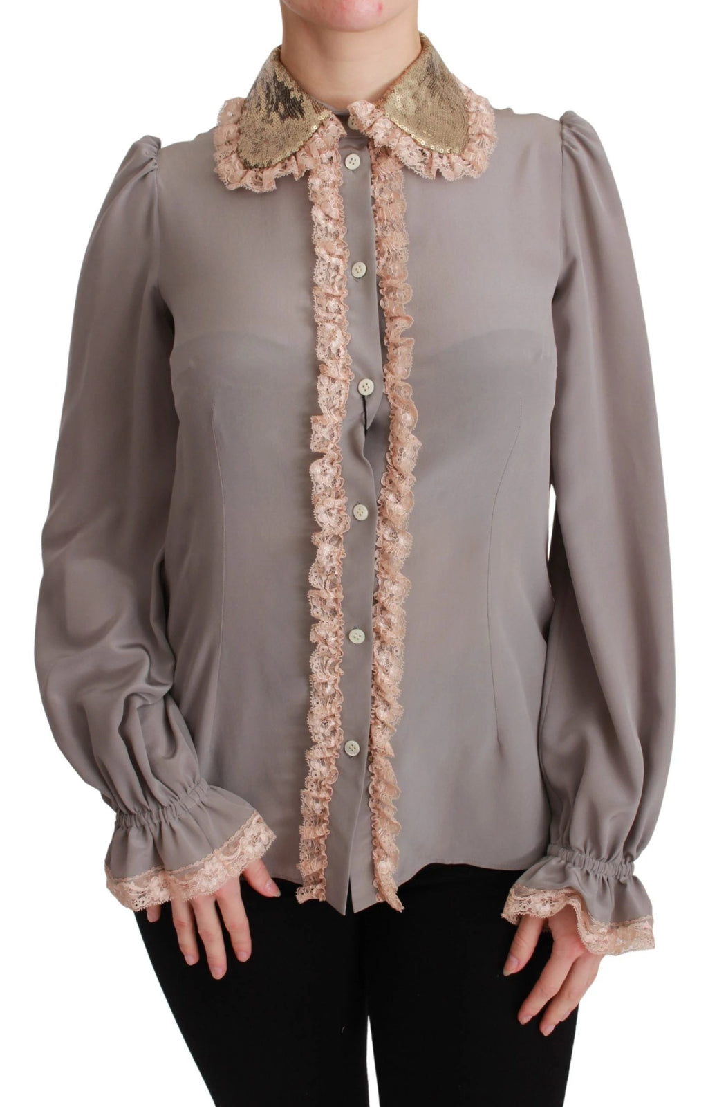 Dolce & Gabbana Gray Silk Gold Sequin Lace Blouse Shirt by Dolce & Gabbana