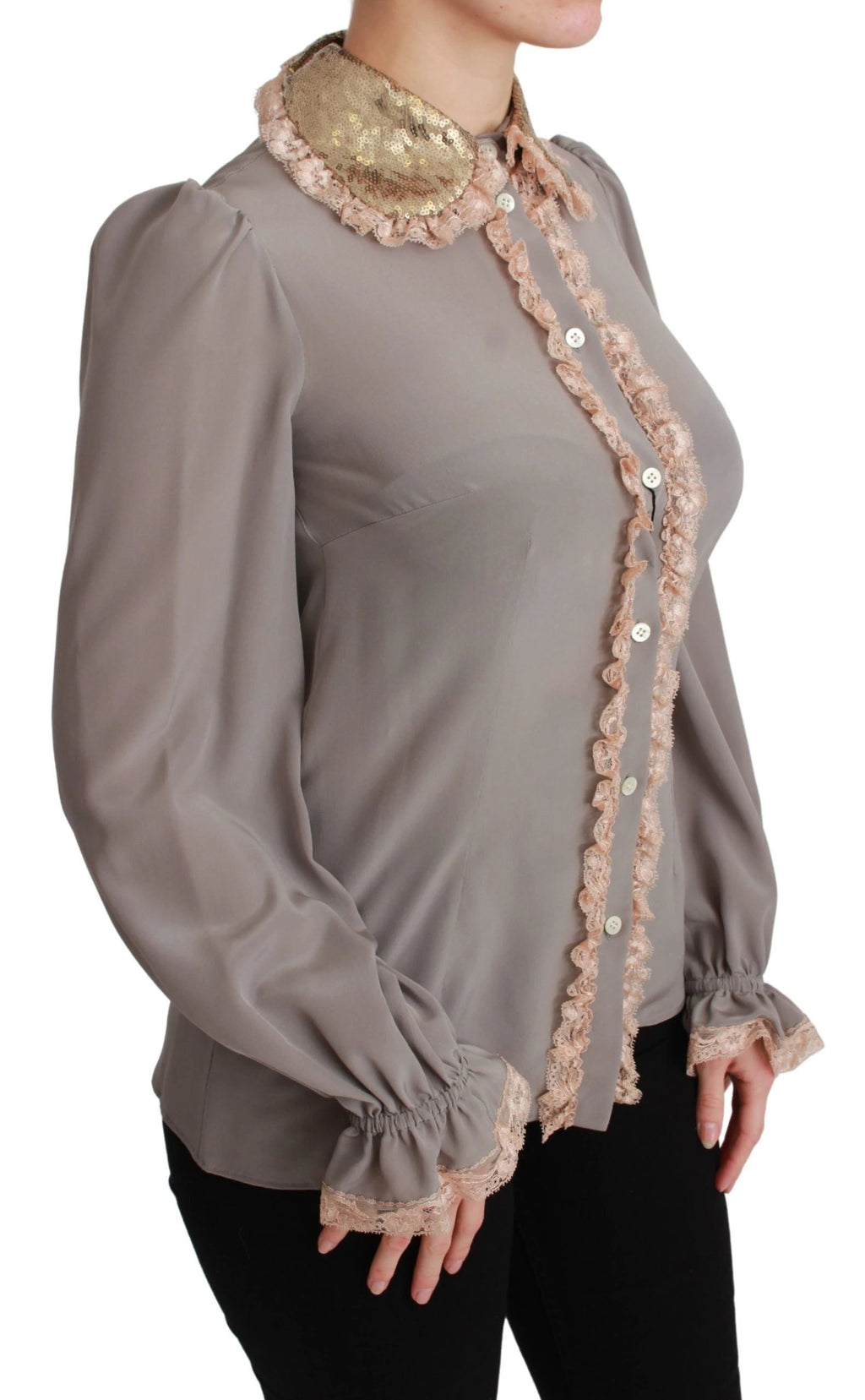 Dolce & Gabbana Gray Silk Gold Sequin Lace Blouse Shirt by Dolce & Gabbana