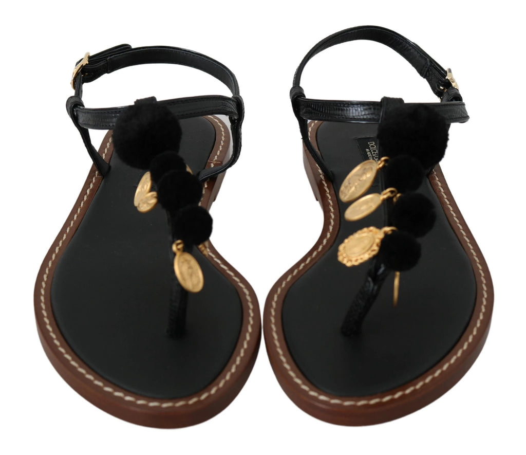 Sandales tongs Dolce &amp; Gabbana en cuir noir à motif pièces